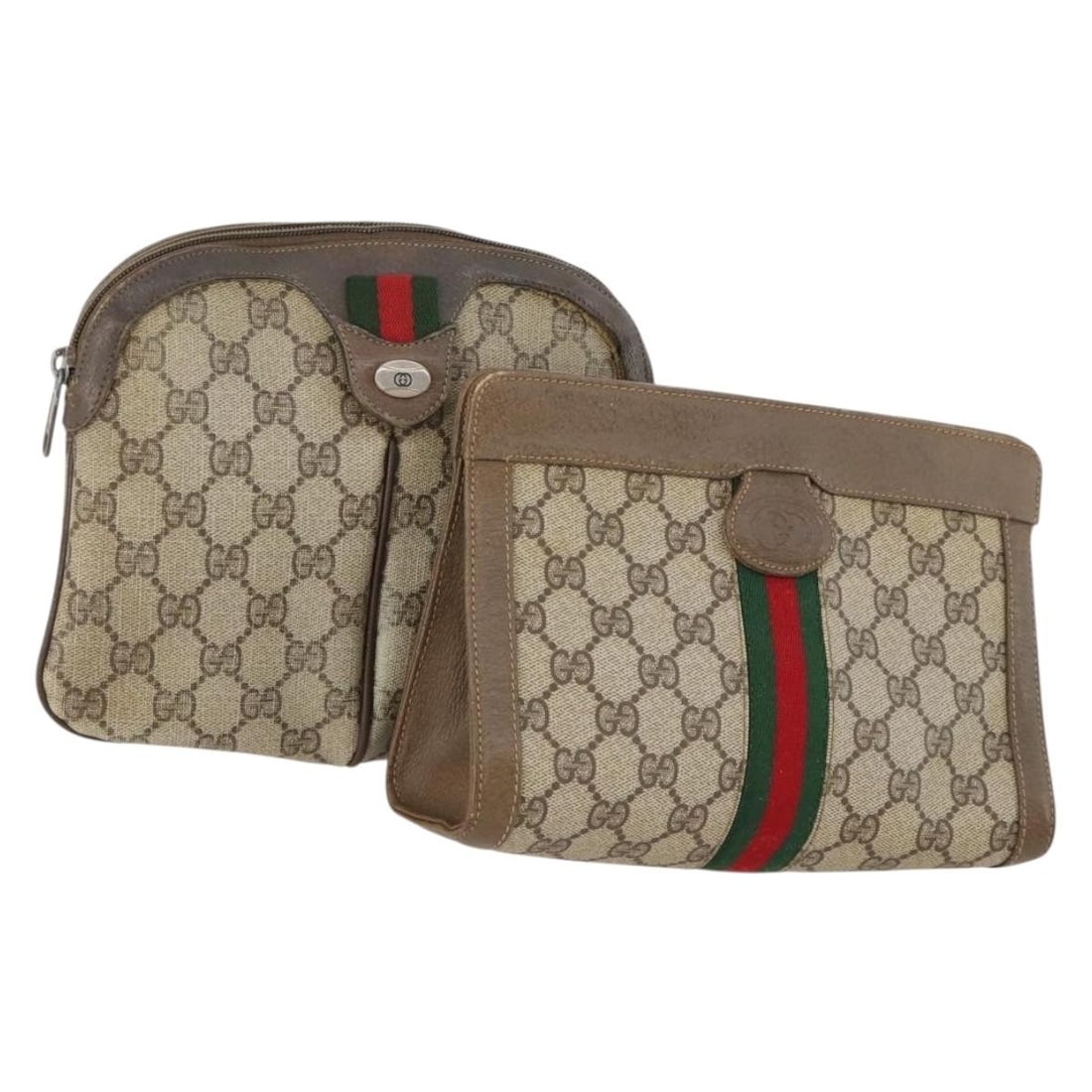 Beige PVC GG Supreme Web Line Clutch Set of 2 by Gucci: Beige PVC GG Supreme Web Line Clutch Set of 2 by Gucci This is a GUCCI GG Supreme Web Sherry Line pouch clutch bag set in beige, crafted from PVC leather and GG canvas. Designed for women, these clutc