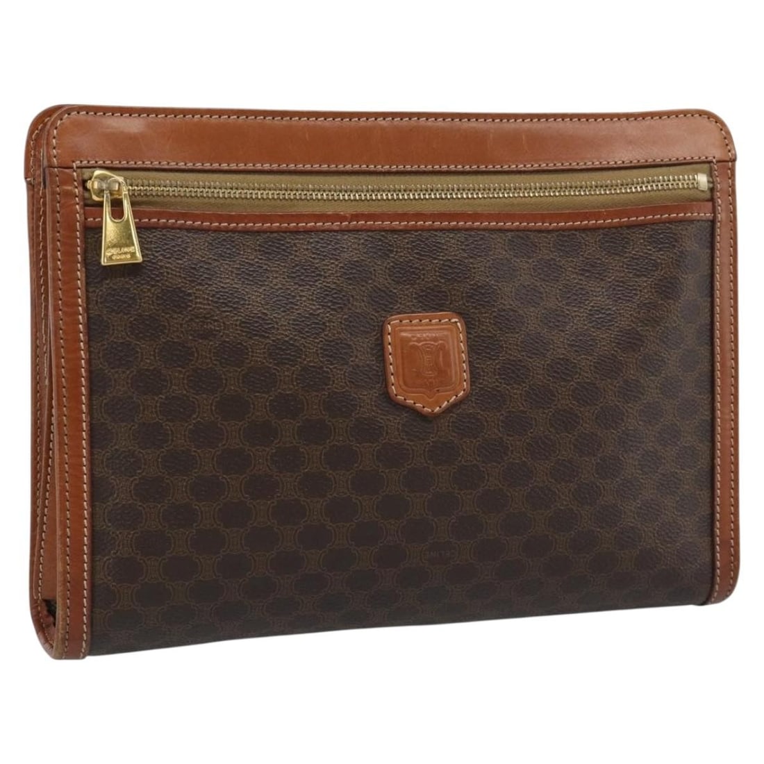 CELINE Macadam Clutch Bag Brown PVC Leather Italy: CELINE Macadam Clutch Bag Brown PVC Leather Italy Celine Macadam canvas clutch bag crafted in PVC leather with a brown and gold colorway. Made in Italy, this women's clutch shows heavy use with visibl