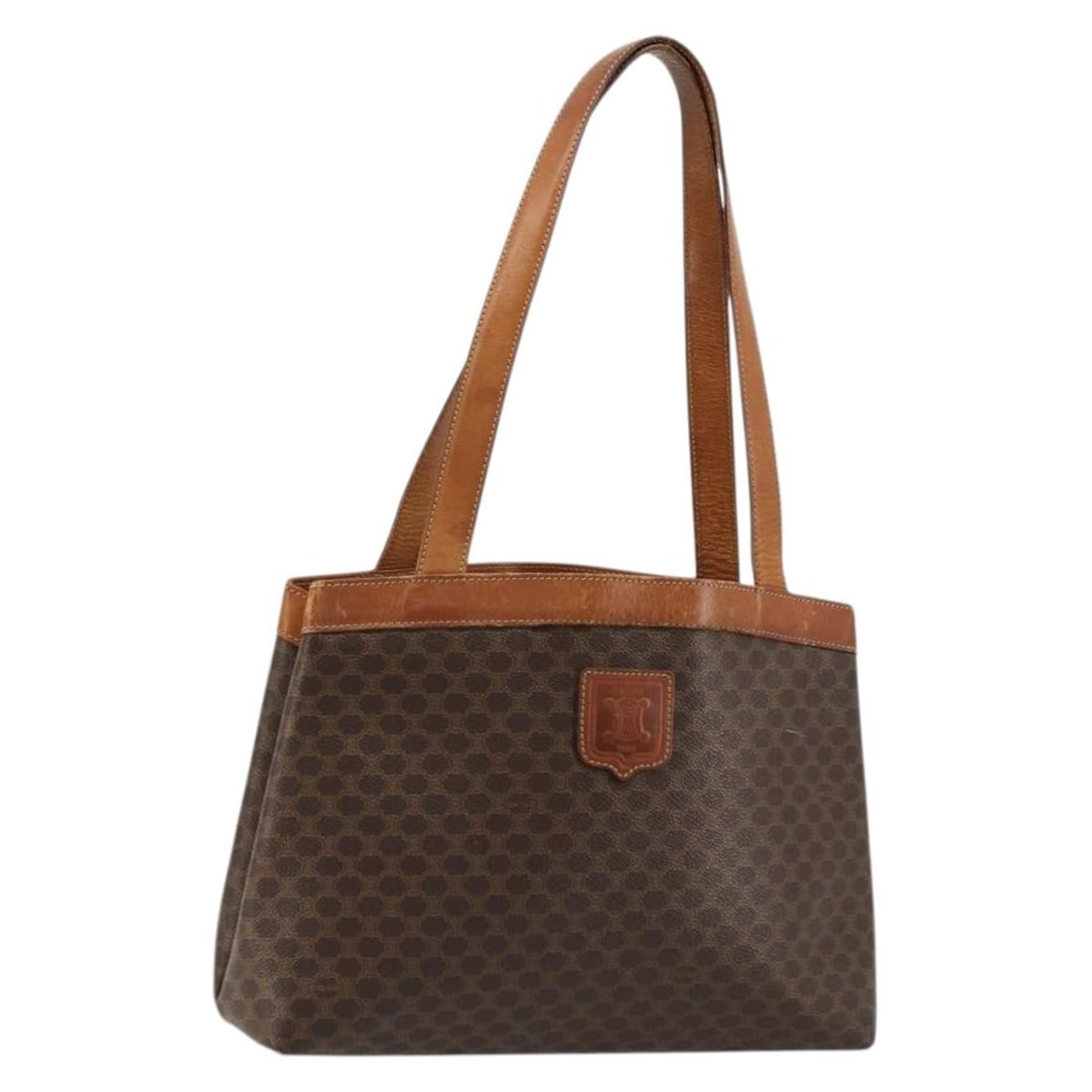 CELINE Macadam Canvas Brown Gold Tote Bag Italy PVC Leather: CELINE Macadam Canvas Brown Gold Tote Bag Italy PVC Leather This CELINE Macadam Canvas tote bag features a classic brown and gold color scheme crafted from durable PVC leather and Macadam canvas. Desi