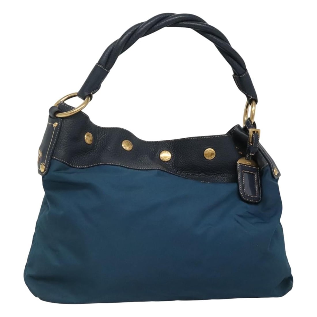PRADA Blue Nylon Shoulder Bag with Name Tag Italy: PRADA Blue Nylon Shoulder Bag with Name Tag Italy PRADA shoulder bag in blue nylon, made in Italy. The bag comes with a name tag accessory and is described as heavily used, with visible wear including
