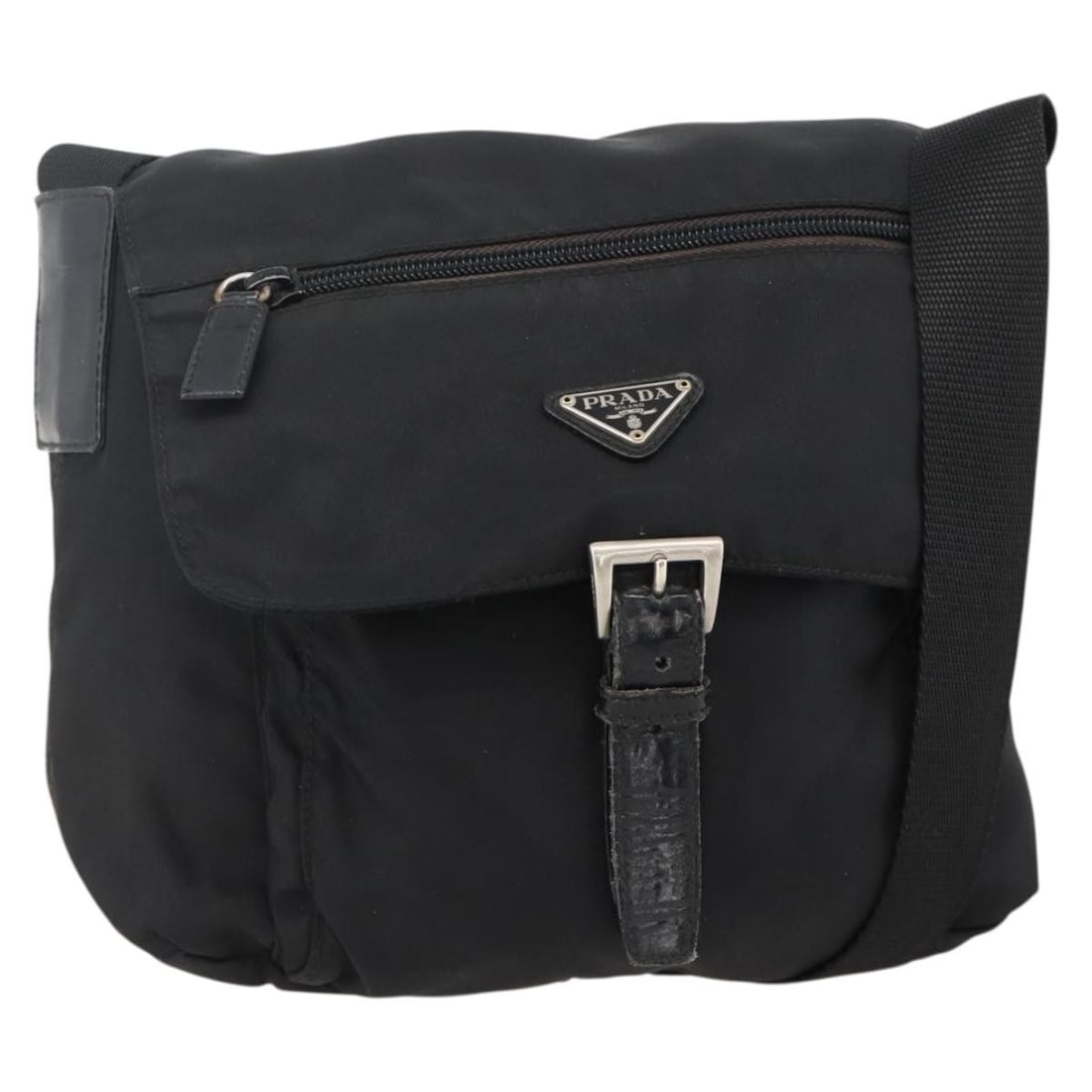 Prada Nylon Shoulder Bag Black Silver Tone Italy: Prada Nylon Shoulder Bag Black Silver Tone Italy Black Prada shoulder bag in nylon with silver-tone hardware. Made in Italy, it measures approximately 23 cm W x 20 cm H x 10 cm D, with a shoulder drop