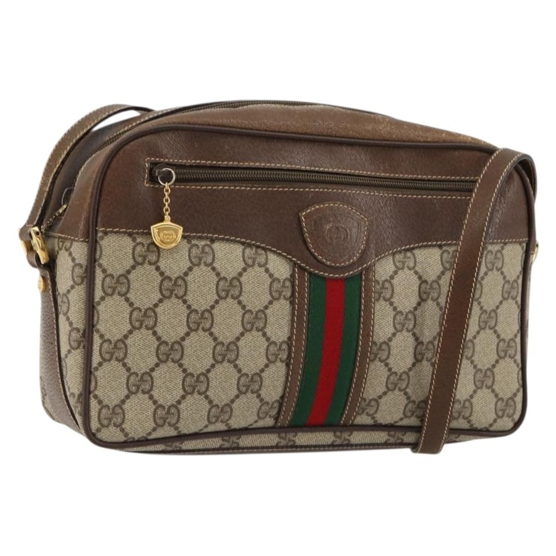GUCCI 001 56 0860 GG Supreme Web Shoulder Bag Beige PVC Leather: GUCCI 001 56 0860 GG Supreme Web Shoulder Bag Beige PVC Leather Gucci GG Supreme Web Sherry Line shoulder bag in beige/gold PVC leather and GG canvas, made in Italy. The bag measures approximately 27 