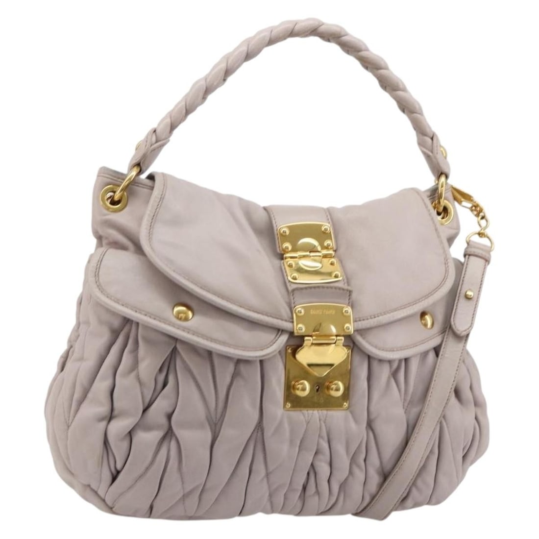 Miu Miu Matelasse Leather 2way Shoulder Bag Gold Purple Gray: Miu Miu Matelasse Leather 2way Shoulder Bag Gold Purple Gray Miu Miu Matelasse shoulder bag in leather with a 2way design and gold/purple gray colorway. It comes with a dust bag, 2 keys, and a shoulde