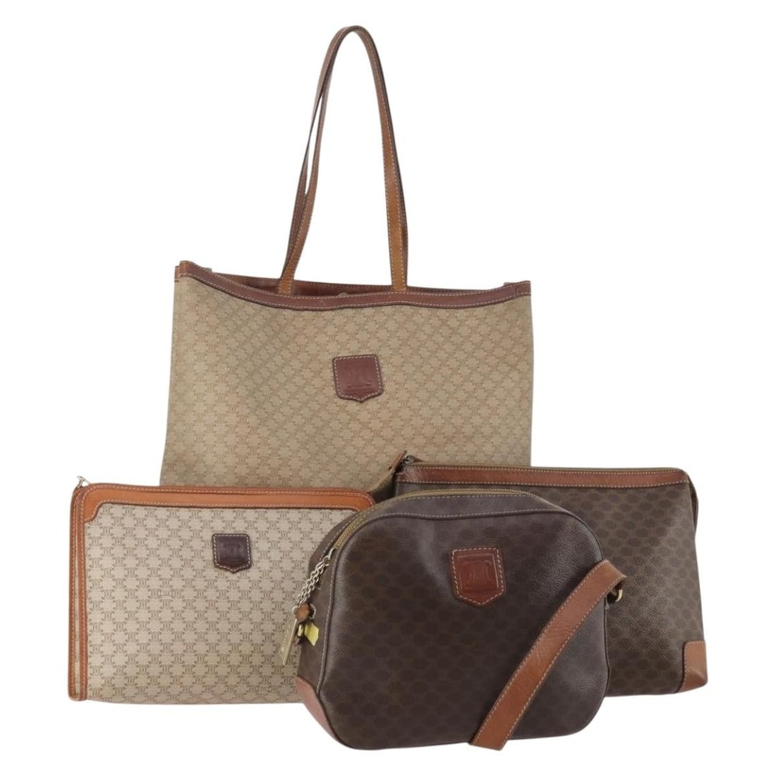 4 Piece Celine Macadam PVC Leather Clutch Bag Set Brown Beige: 4 Piece Celine Macadam PVC Leather Clutch Bag Set Brown Beige Set of 4 CELINE Macadam canvas clutch bags in brown and beige with PVC leather construction. This women's set is made in Italy and is offe