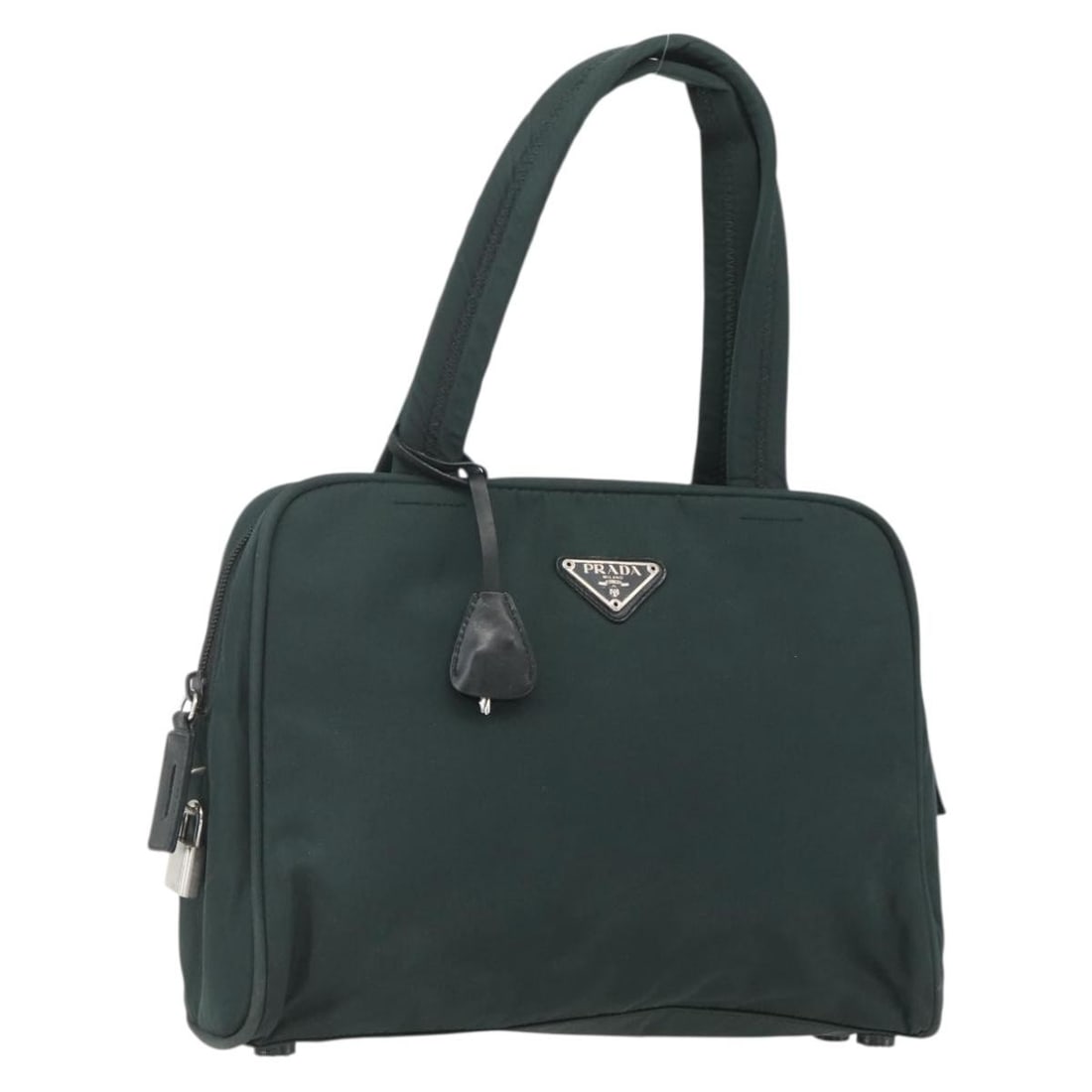 Prada nylon green silver handbag with padlock and key set: Prada nylon green silver handbag with padlock and key set This PRADA handbag is crafted from green and silver nylon and features a structured silhouette. Designed for women, it includes a handle drop 