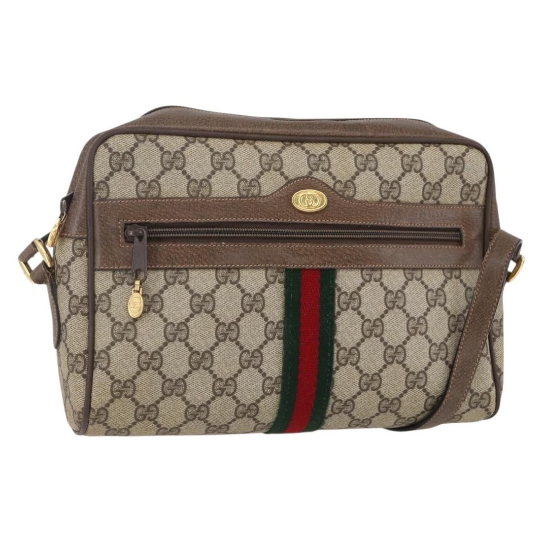 Gucci Sherry Line GG Supreme PVC Shoulder Bag Beige Gold 14 02 005: Gucci Sherry Line GG Supreme PVC Shoulder Bag Beige Gold 14 02 005 This is a GUCCI GG Supreme Web Sherry Line shoulder bag in beige and gold, made from PVC leather and GG canvas. It measures approxima
