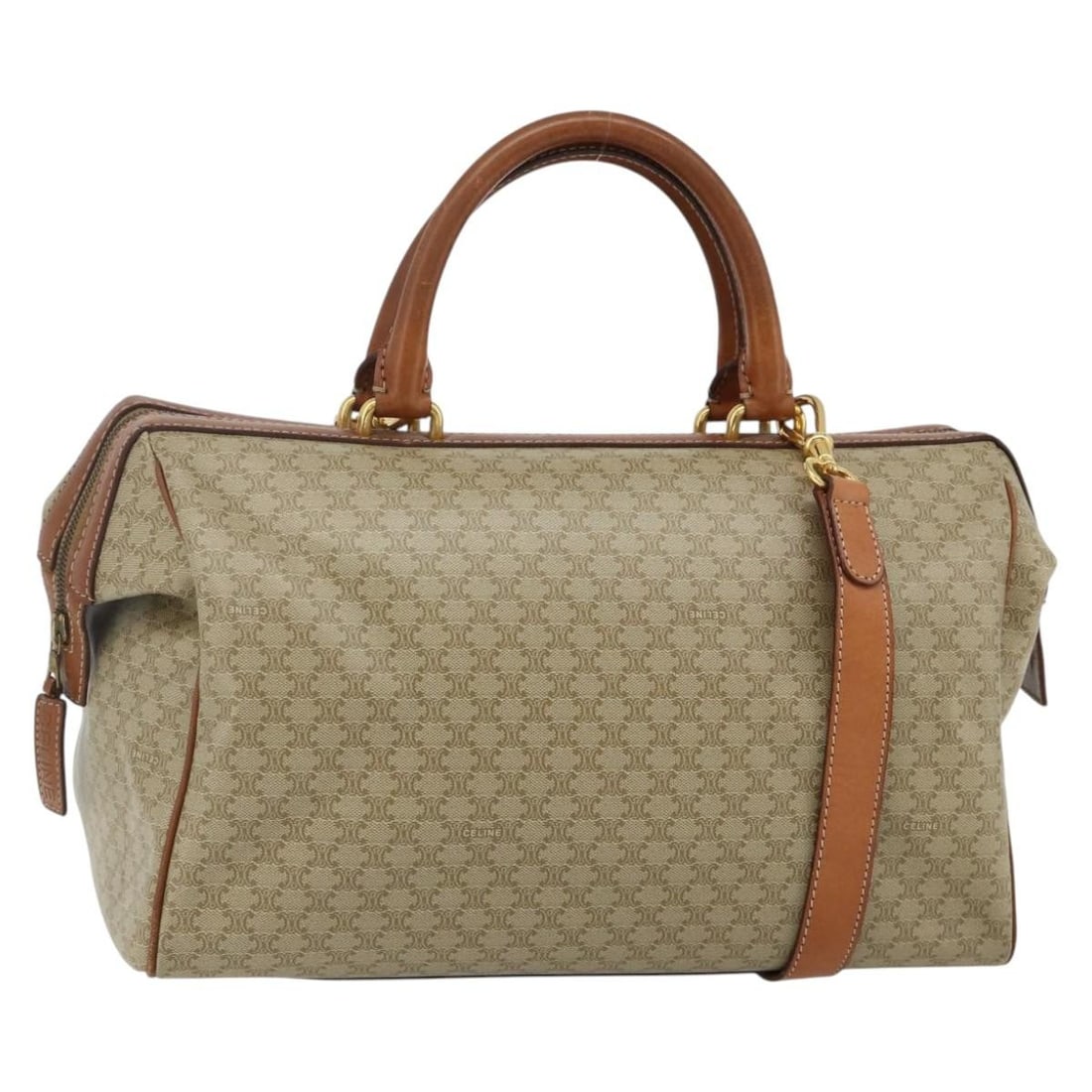 CELINE Macadam 2way Beige Canvas Handbag with Shoulder Strap: CELINE Macadam 2way Beige Canvas Handbag with Shoulder Strap CELINE Macadam Canvas hand bag in beige and gold, made in Italy. This women's bag features an exterior and exterior material of Macadam Can