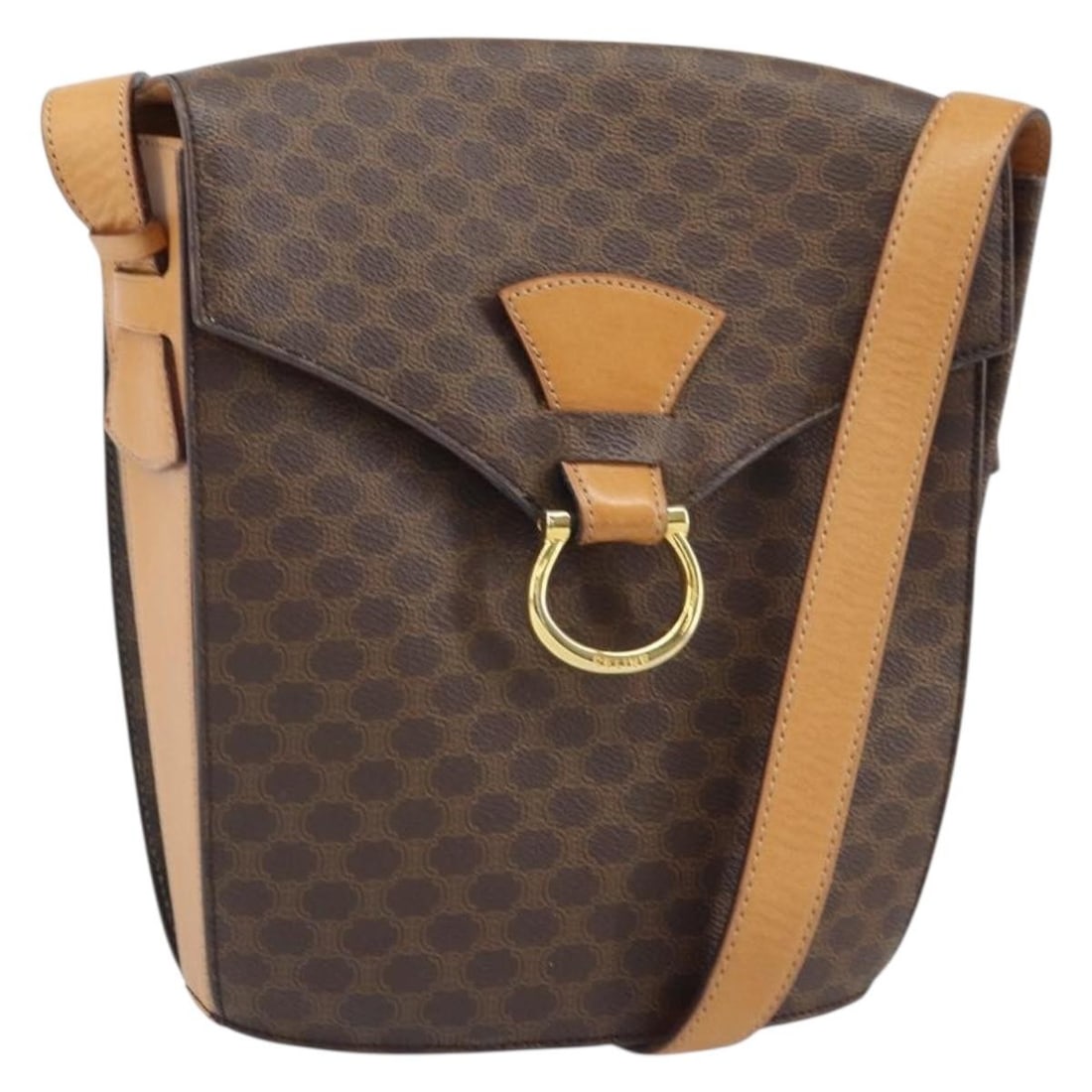 CELINE Macadam Brown PVC Leather Shoulder Bag with Gold Accents and Dust Bag: CELINE Macadam Brown PVC Leather Shoulder Bag with Gold Accents and Dust Bag This CELINE Macadam Canvas Shoulder Bag features brown and gold tones with PVC leather and Macadam canvas exterior. Designe