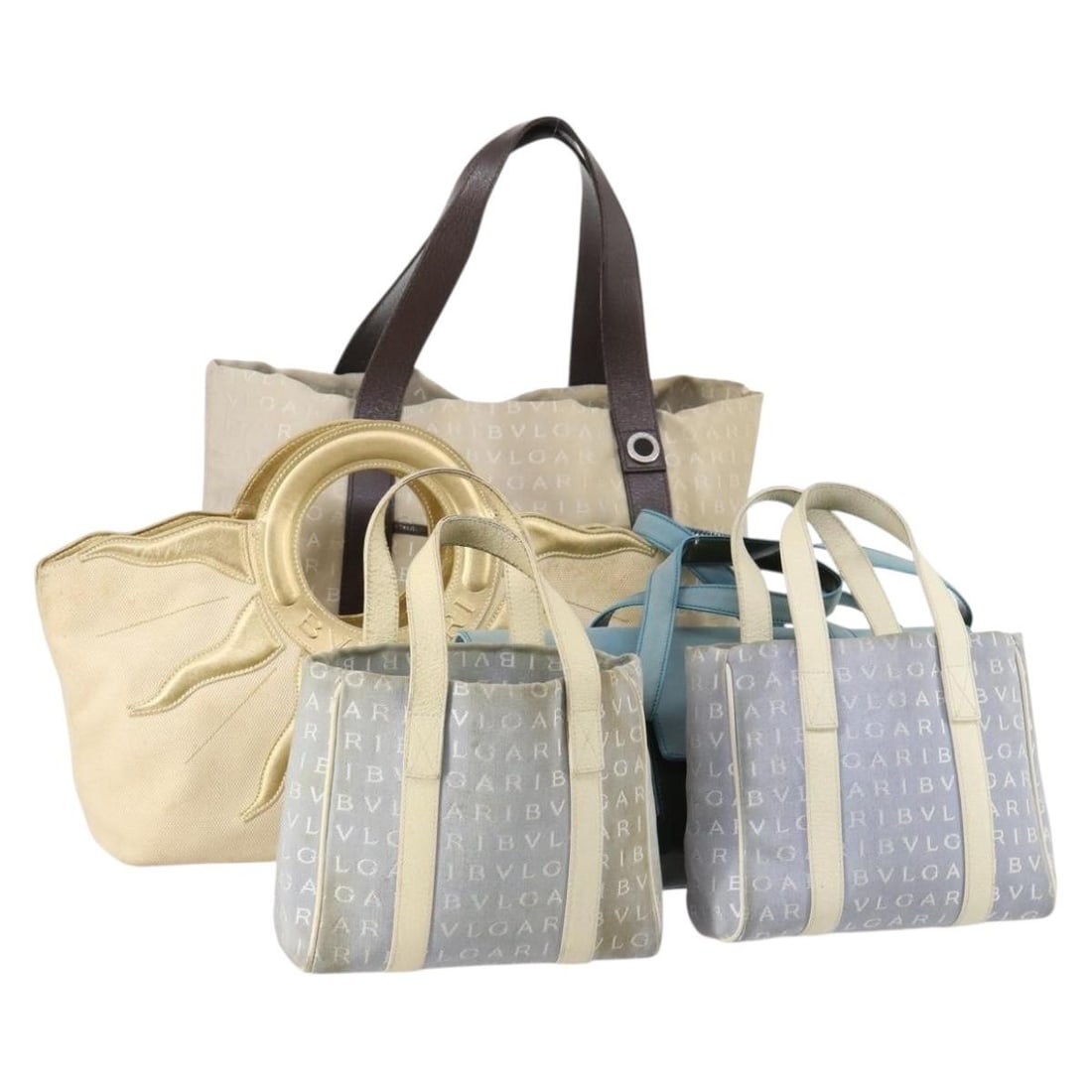BVLGARI Canvas Hand Bag Set of 5 Green Beige Gold Authentic: BVLGARI Canvas Hand Bag Set of 5 Green Beige Gold Authentic Elevate your style with this BVLGARI Hand Bag, expertly crafted from durable canvas featuring a chic combination of green, beige, and gold c