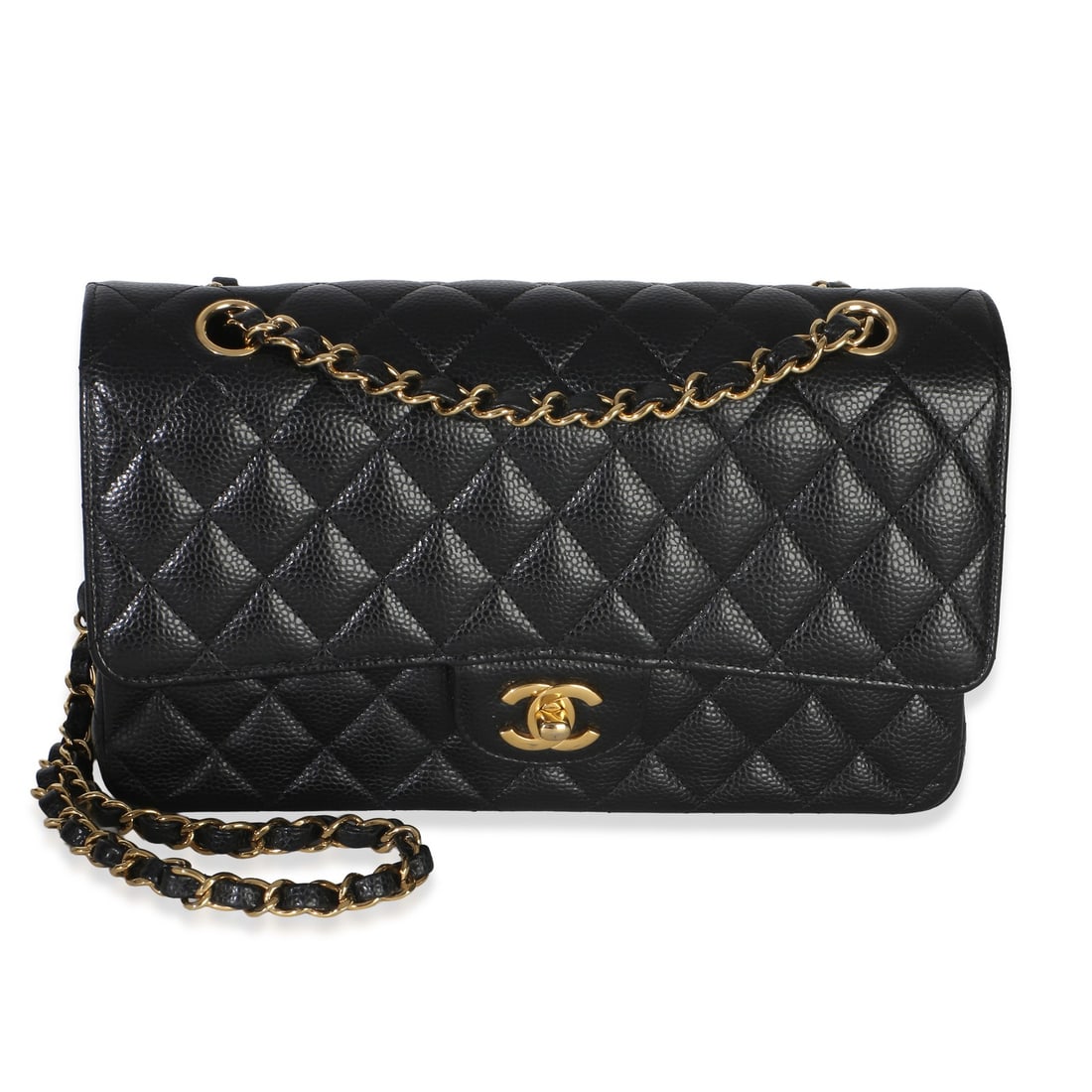 Chanel Medium Classic Double Flap Shoulder Bag Black Caviar Leather: Chanel Medium Classic Double Flap Shoulder Bag Black Caviar Leather Pre-owned Chanel Medium Classic Double Flap handbag in black quilted caviar leather. This medium shoulder bag features a turnlock cl