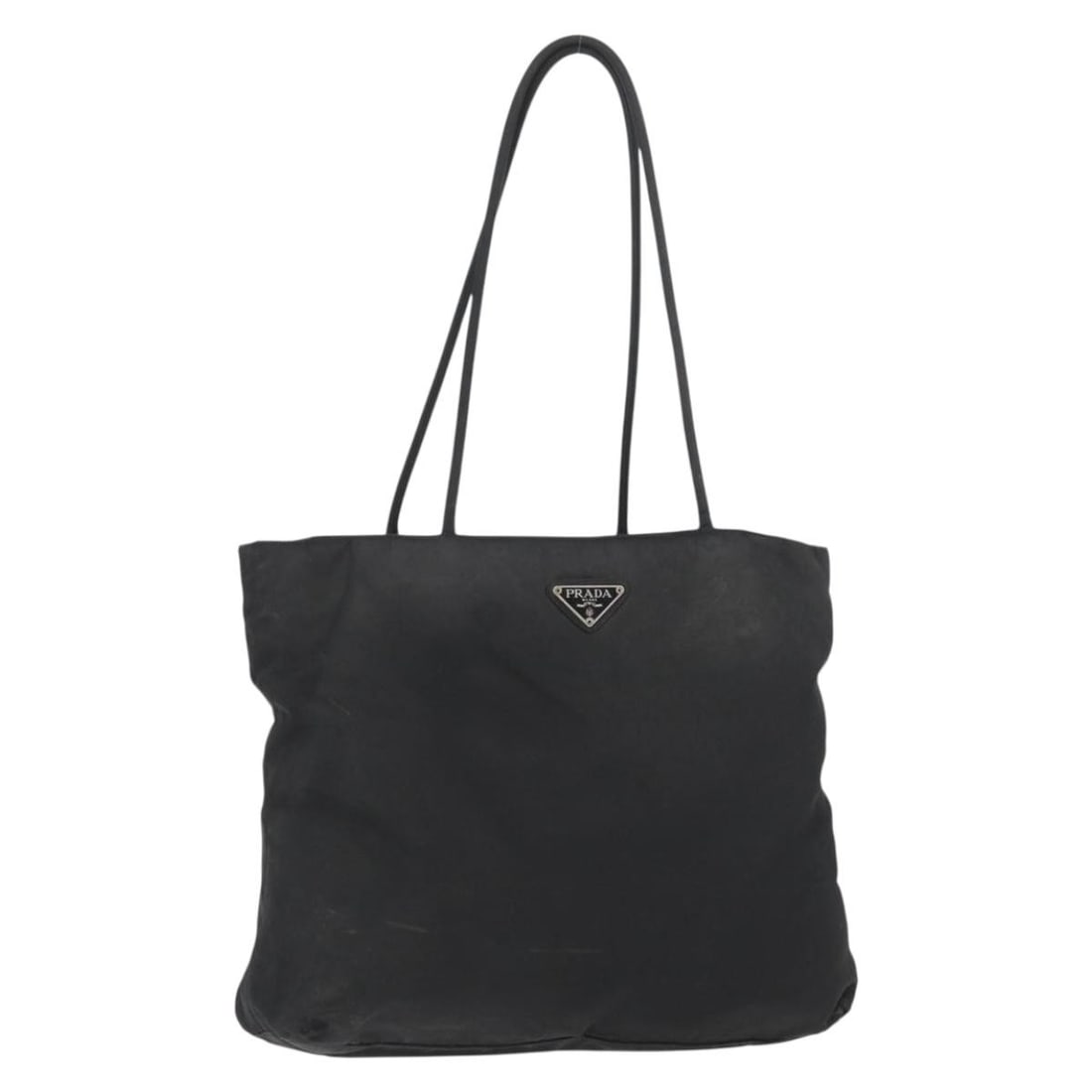 Prada Black Nylon Handbag Silver Tone Hardware Made in Italy: Prada Black Nylon Handbag Silver Tone Hardware Made in Italy A Prada nylon hand bag in black with silver-tone details, made in Italy. The bag measures approximately 35 cm wide, 31 cm high, and 10 cm d
