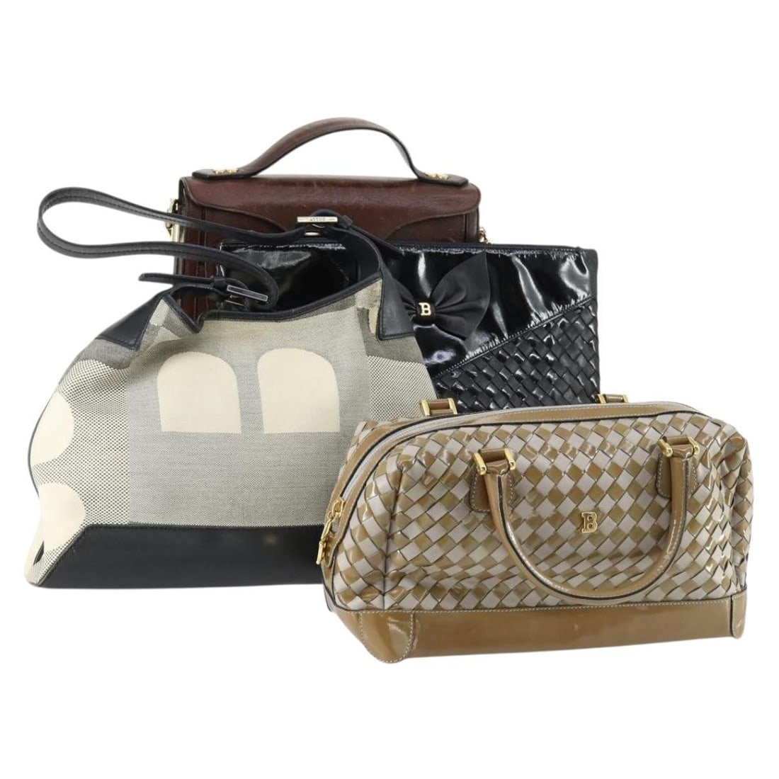 Set of 4 BALLY leather handbags beige black brown: Set of 4 BALLY leather handbags beige black brown BALLY women's handbag in beige, black, and brown leather. This special bundle offer is a 4-piece set, and the condition details provided apply to all 