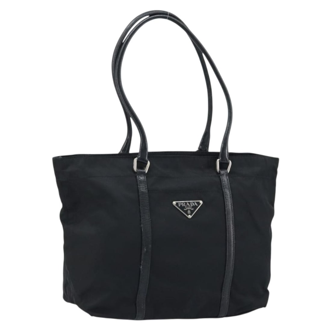 Prada Black Nylon Tote Bag Silver Trim Italy: Prada Black Nylon Tote Bag Silver Trim Italy This PRADA tote bag is crafted from black nylon with silver-tone accents. Designed for women, it features a spacious interior and a comfortable handle drop