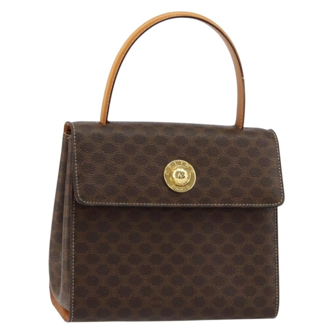 CELINE Macadam Hand Bag PVC Leather Brown Gold Made in Italy: CELINE Macadam Hand Bag PVC Leather Brown Gold Made in Italy This authentic CELINE Macadam Canvas Hand Bag features a stylish blend of PVC leather in a rich brown and gold color scheme. Crafted in Ita