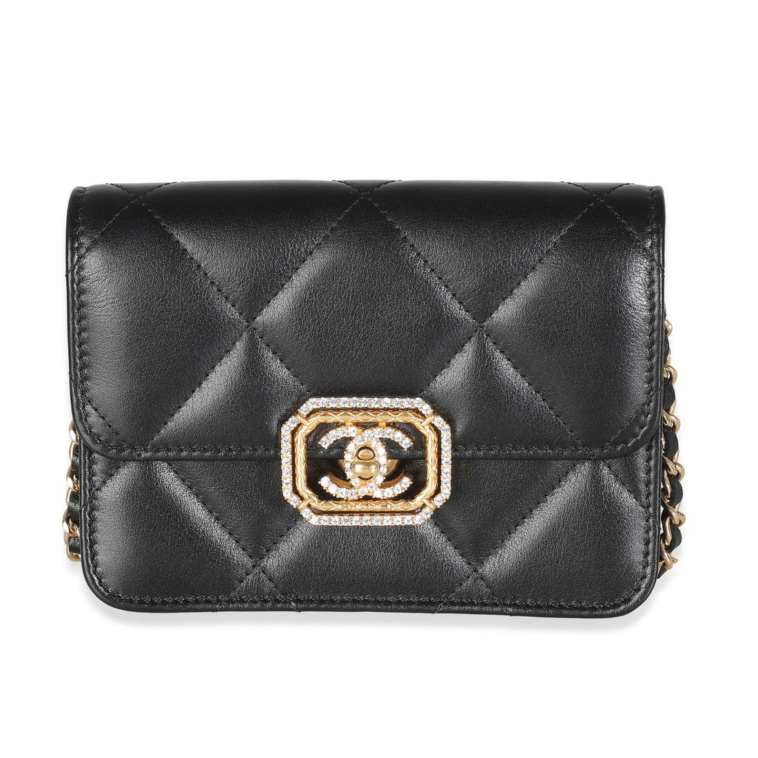 Chanel Strass Mini Flap Black Quilted Leather Shoulder Bag: Chanel Strass Mini Flap Black Quilted Leather Shoulder Bag This Chanel Strass Mini Flap Bag features black quilted calfskin leather with a gold-tone turnlock closure and matching gold leather lining. 