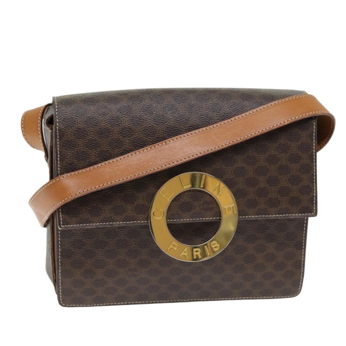 Celine Macadam Brown PVC Leather Shoulder Bag Italy: Celine Macadam Brown PVC Leather Shoulder Bag Italy CELINE Macadam Canvas shoulder bag in brown PVC leather and Macadam Canvas, made in Italy. The bag measures approximately 23 cm wide, 17 cm high, an