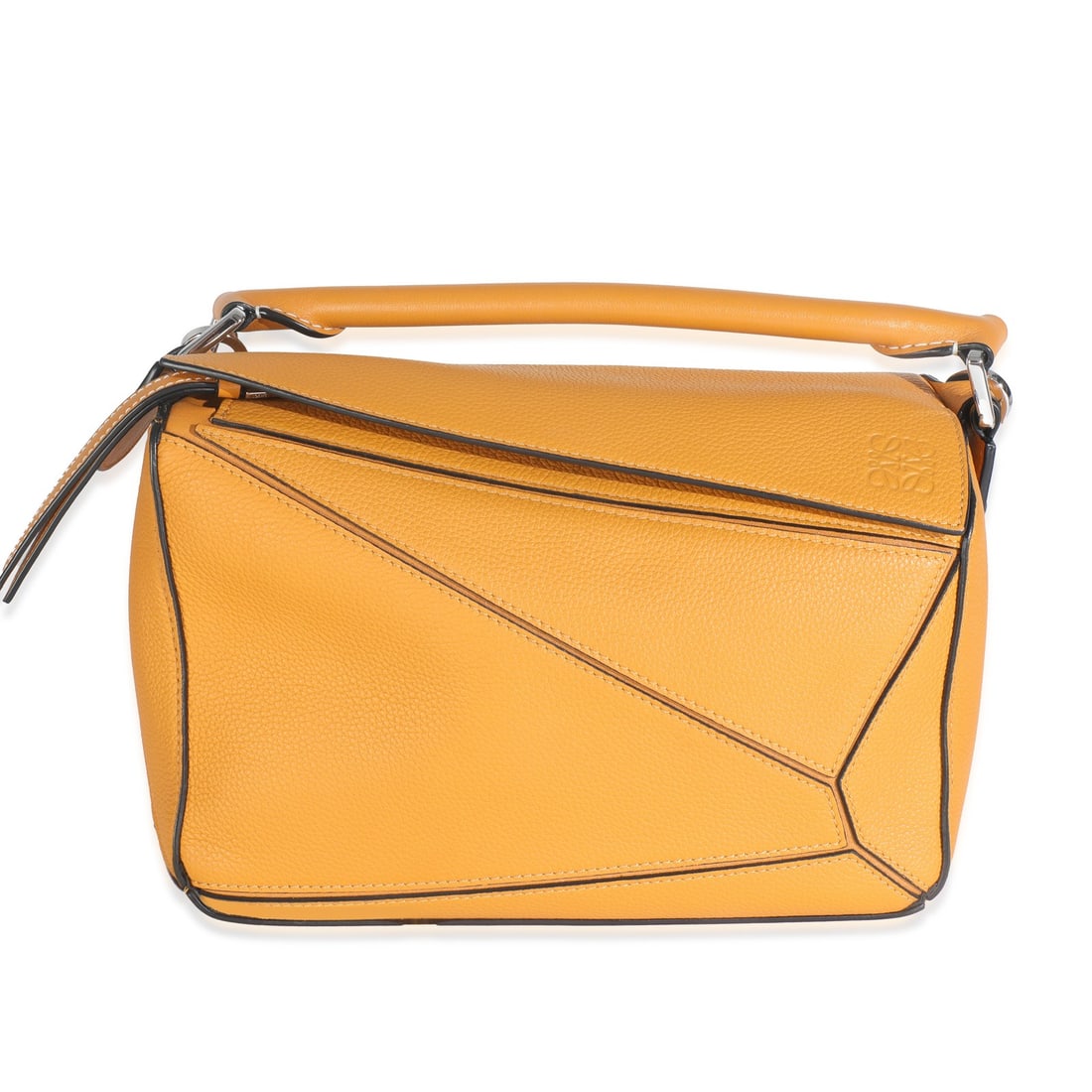 Loewe Small Puzzle Bag Yellow Calfskin Leather Silver-Tone Hardware: Loewe Small Puzzle Bag Yellow Calfskin Leather Silver-Tone Hardware This stunning Loewe Small Puzzle Bag is crafted from luxurious yellow grained calfskin leather, showcasing a contemporary design tha