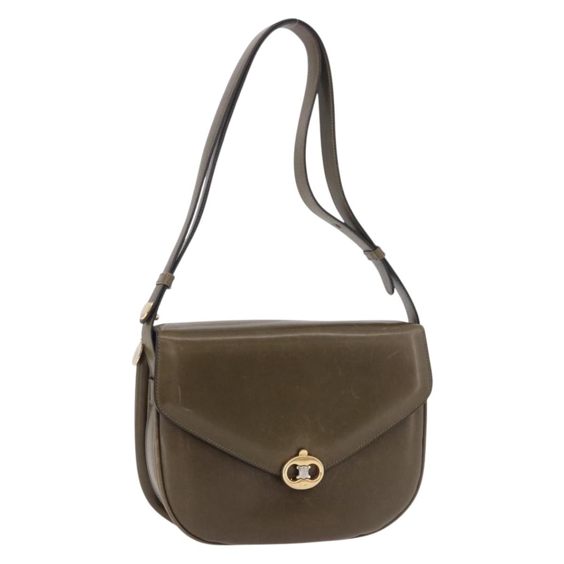 CELINE Leather Shoulder Bag in Green with Gold Tone Hardware: CELINE Leather Shoulder Bag in Green with Gold Tone Hardware CELINE shoulder bag in green and gold leather, made in Italy. It features an adjustable shoulder strap with a drop of approximately 9.4 to 