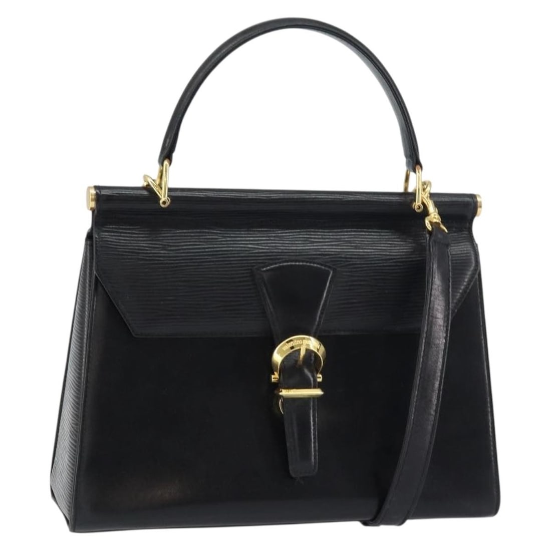 Valentino Black Leather Convertible Handbag with Gold Details and Shoulder Strap: Valentino Black Leather Convertible Handbag with Gold Details and Shoulder Strap This Valentino handbag features a two-way design crafted from black leather with gold-tone accents. It includes both to