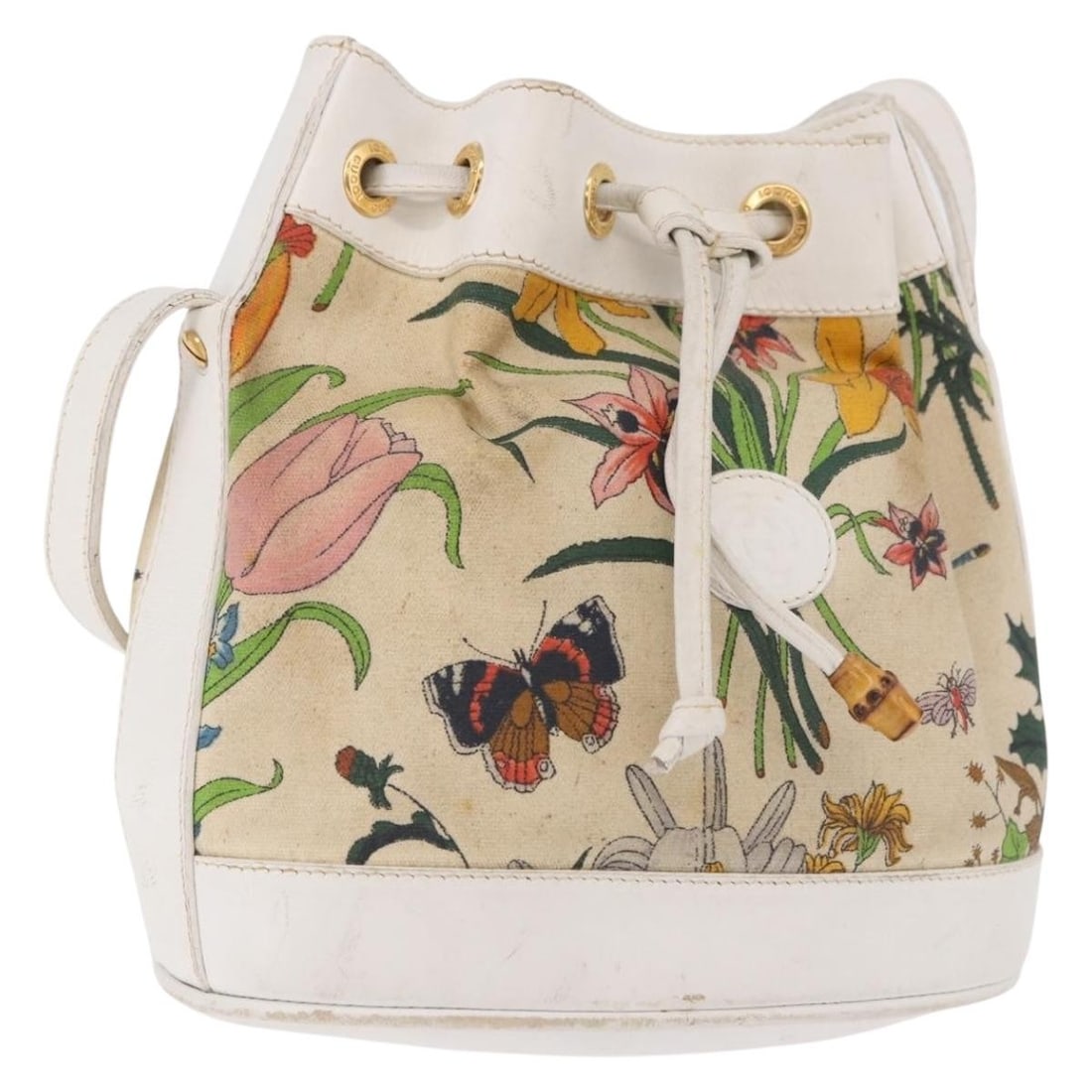 Gucci Flora Canvas Shoulder Bag Beige Gold Italy 007-14-0071: Gucci Flora Canvas Shoulder Bag Beige Gold Italy 007-14-0071 This Gucci shoulder bag is made of canvas in a beige and gold colorway. It features a shoulder bag style and was made in Italy. The item is