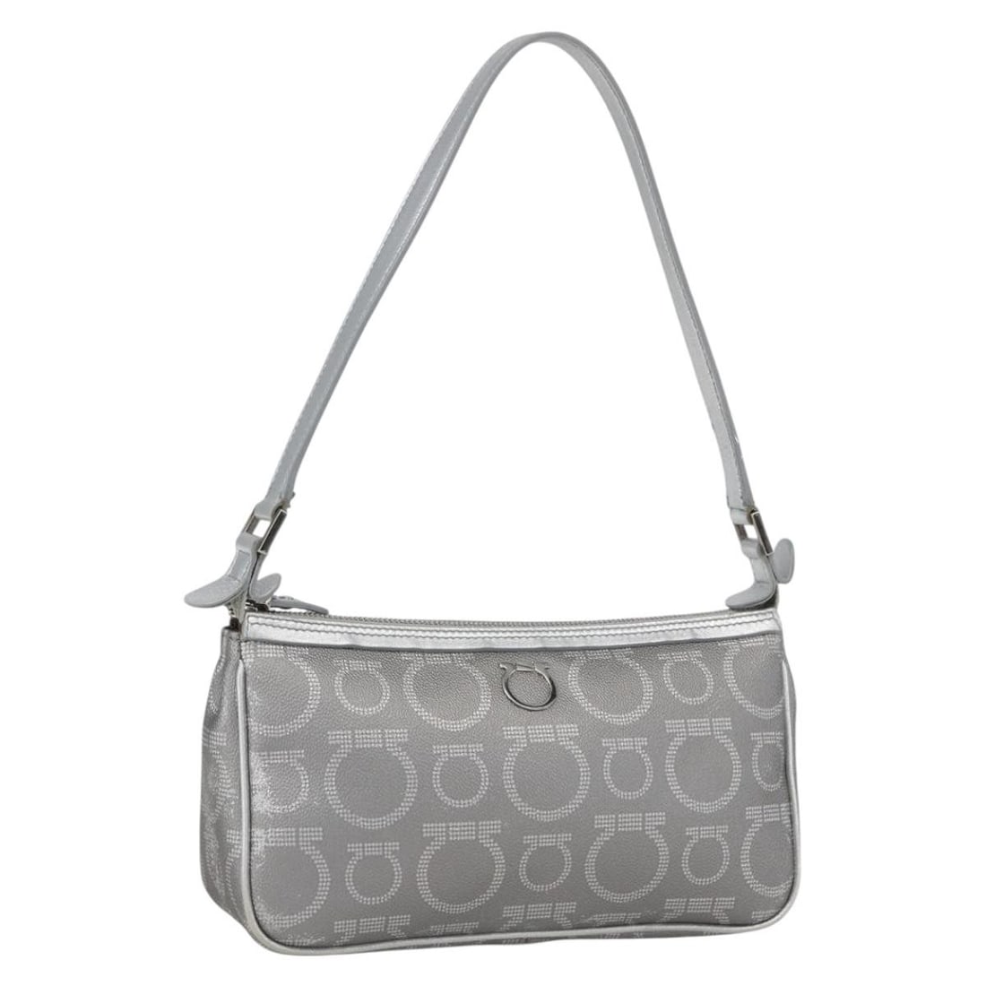 Silver PVC Gancini Pouch by Salvatore Ferragamo Italy: Silver PVC Gancini Pouch by Salvatore Ferragamo Italy This Salvatore Ferragamo Gancini hand pouch features a silver PVC leather exterior and is crafted in Italy. The pouch displays noticeable signs of