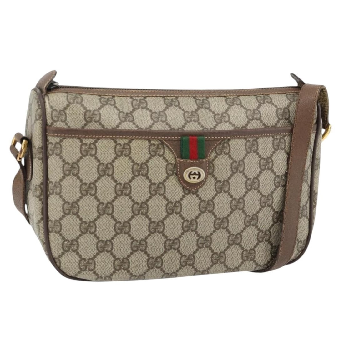 GUCCI 89 02 077 Shoulder Bag GG Supreme Web Sherry PVC Leather Beige: GUCCI 89 02 077 Shoulder Bag GG Supreme Web Sherry PVC Leather Beige This Gucci GG Supreme Web Sherry Line shoulder bag is made from PVC leather and GG canvas in a beige and gold colorway. It was made