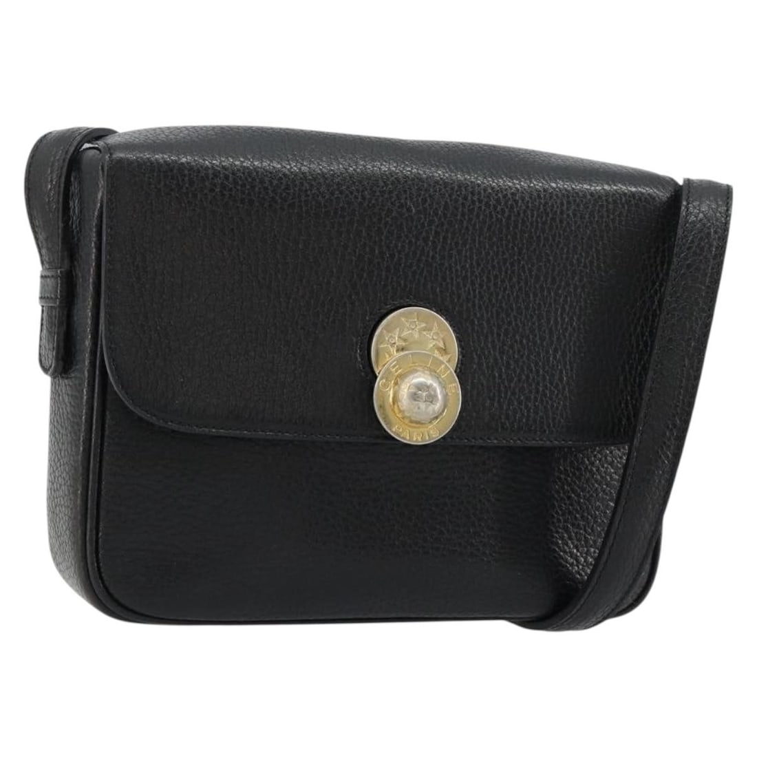 CELINE Black Leather Shoulder Bag with Dust Bag Italy: CELINE Black Leather Shoulder Bag with Dust Bag Italy Black leather shoulder bag in a black and gold colorway, made in Italy. It comes with a dust bag and features a shoulder drop of approximately 47 
