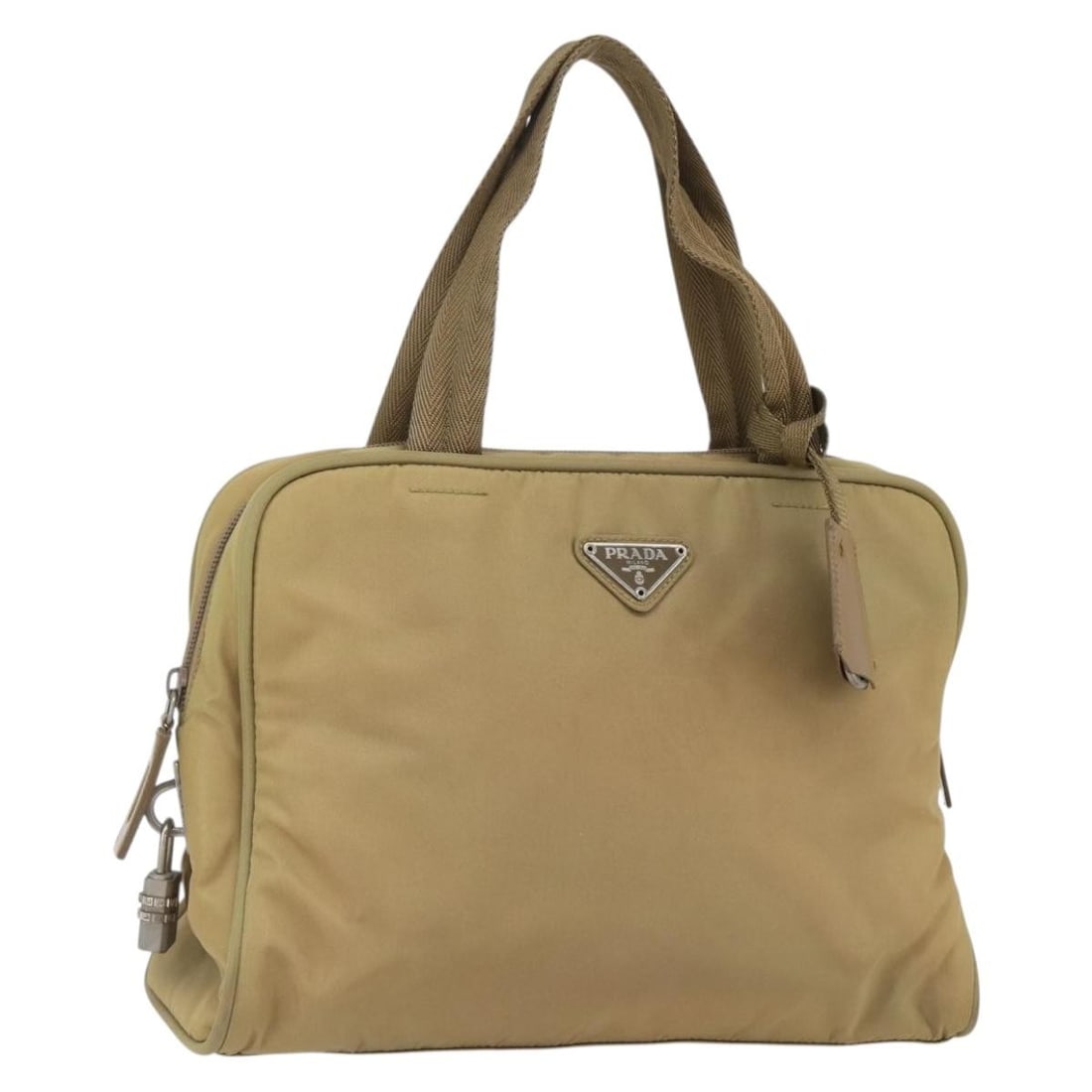 Beige Nylon Prada Handbag with Silver Accents and Padlock: Beige Nylon Prada Handbag with Silver Accents and Padlock This PRADA hand bag features a beige and silver nylon exterior with silver-tone hardware. It includes a padlock and clochette accessory. The b