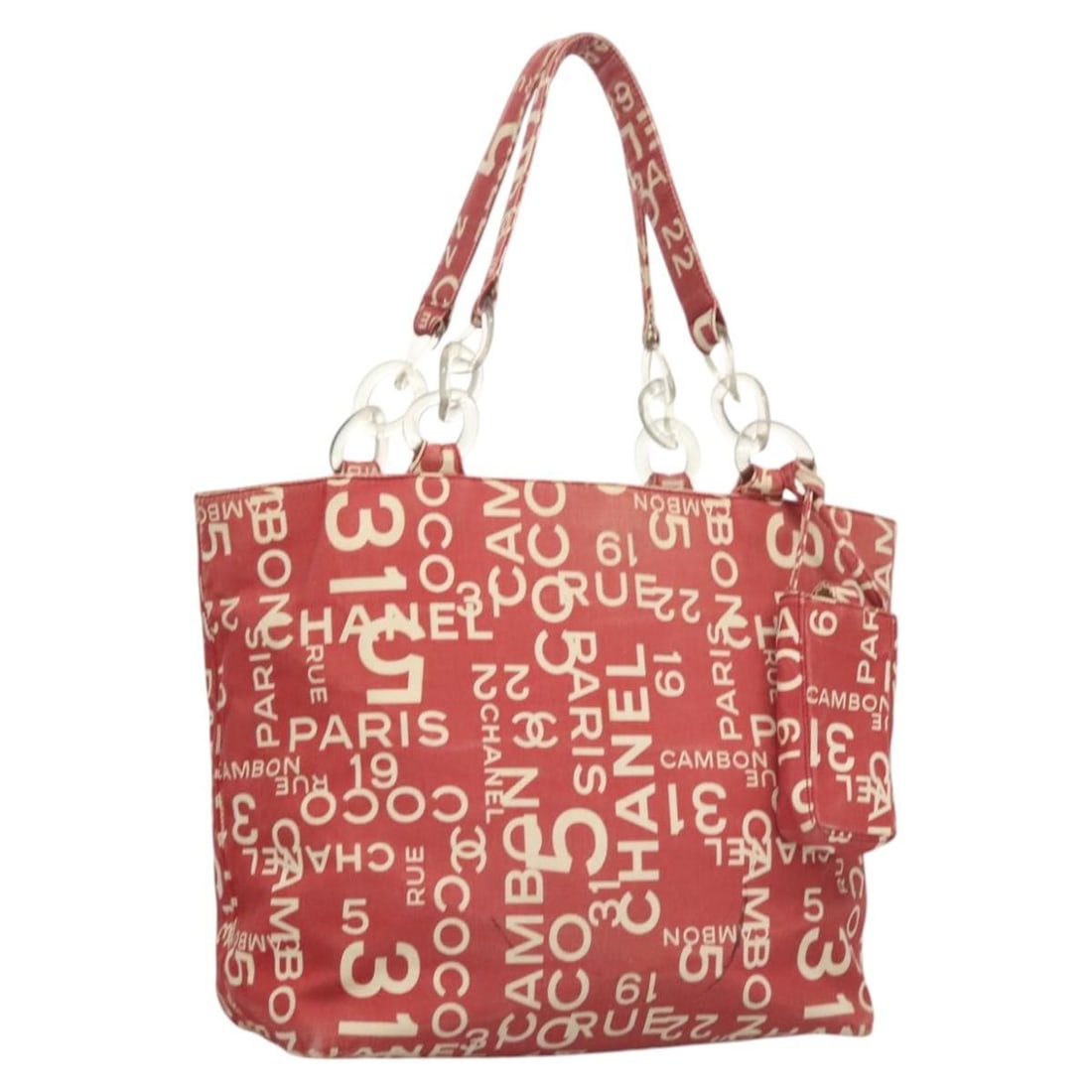 Chanel Bicy Line Red Canvas Tote Bag with Pouch CC: Chanel Bicy Line Red Canvas Tote Bag with Pouch CC CHANEL tote bag in red canvas, made in Italy, with an included pouch accessory. The bag has a structured tote style and shows heavy use, with noted s