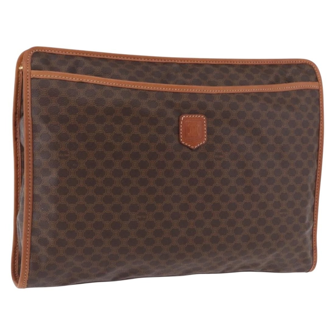 CELINE Macadam Canvas Clutch Brown PVC Leather Gold Tone Italy: CELINE Macadam Canvas Clutch Brown PVC Leather Gold Tone Italy A brown clutch bag in PVC leather and Macadam canvas with gold-tone metal fittings, made in Italy. The bag measures approximately W37 cm 