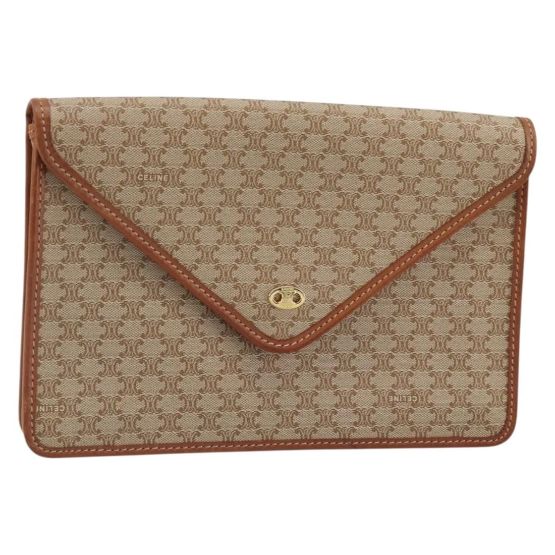 Celine Macadam Beige PVC Canvas Clutch with Gold Accents: Celine Macadam Beige PVC Canvas Clutch with Gold Accents This CELINE Macadam clutch bag features a classic beige and gold PVC leather and Macadam canvas exterior. Designed for women, it is made in Ita