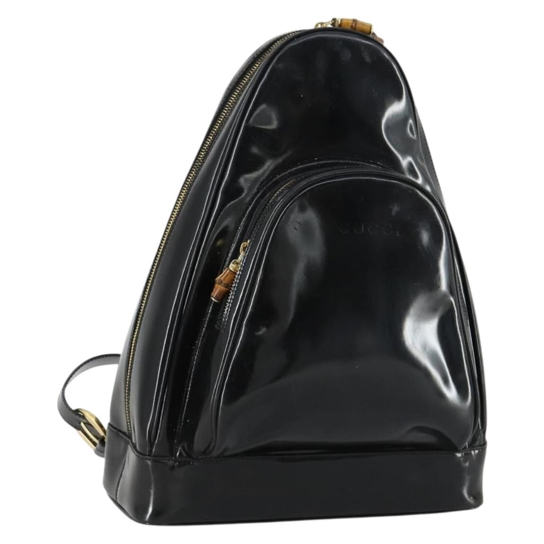 Black Enamel Gucci Bamboo Shoulder Bag with Gold Accents Italy: Black Enamel Gucci Bamboo Shoulder Bag with Gold Accents Italy This is a GUCCI Bamboo Shoulder Bag crafted in black and gold enamel. The bag features a structured silhouette with bamboo detail and is 