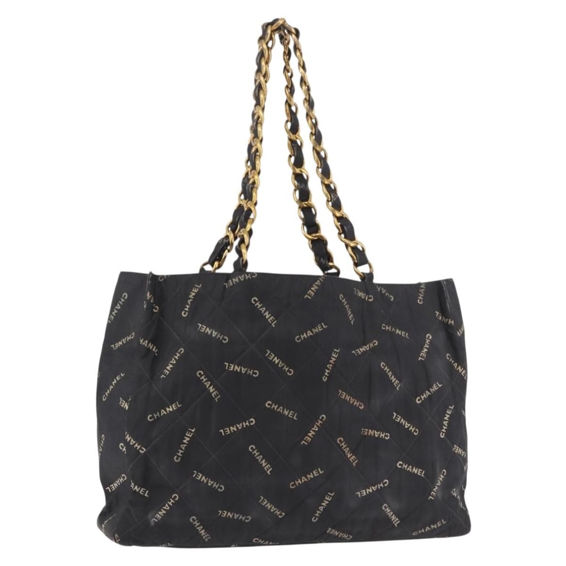 CHANEL CC Chain Tote Bag Black Coated Canvas Gold Tone: CHANEL CC Chain Tote Bag Black Coated Canvas Gold Tone This CHANEL Matelasse Chain Tote Bag is made of coated canvas in black and gold. It features a tote bag style with a 12.2 inch handle drop and wa