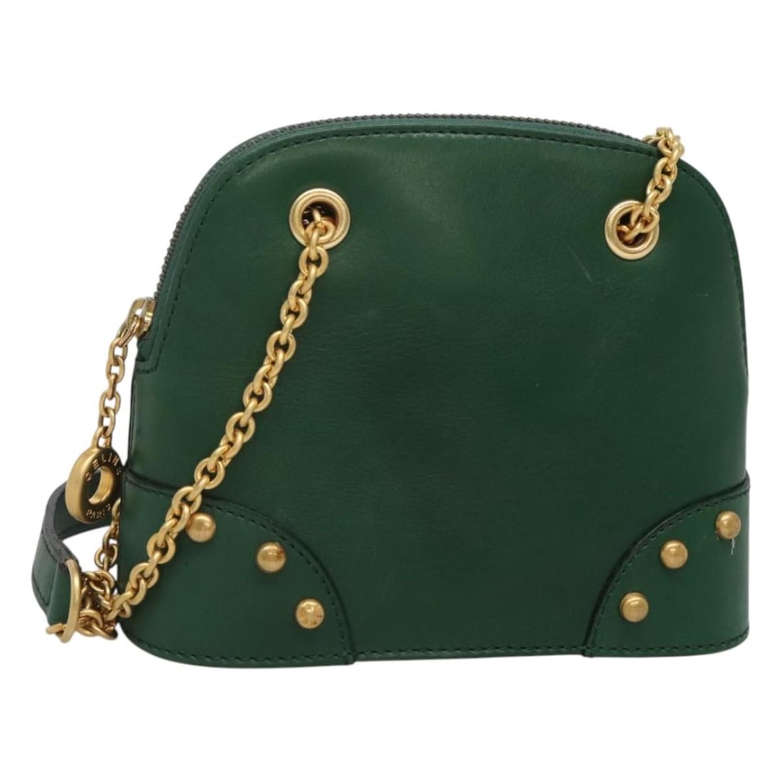 Celine Green Leather Chain Shoulder Bag with Dust Bag: Celine Green Leather Chain Shoulder Bag with Dust Bag CELINE chain shoulder bag in green with gold-tone details, crafted from leather. It measures approximately 16 cm W x 12 cm H x 5 cm D, with a shou