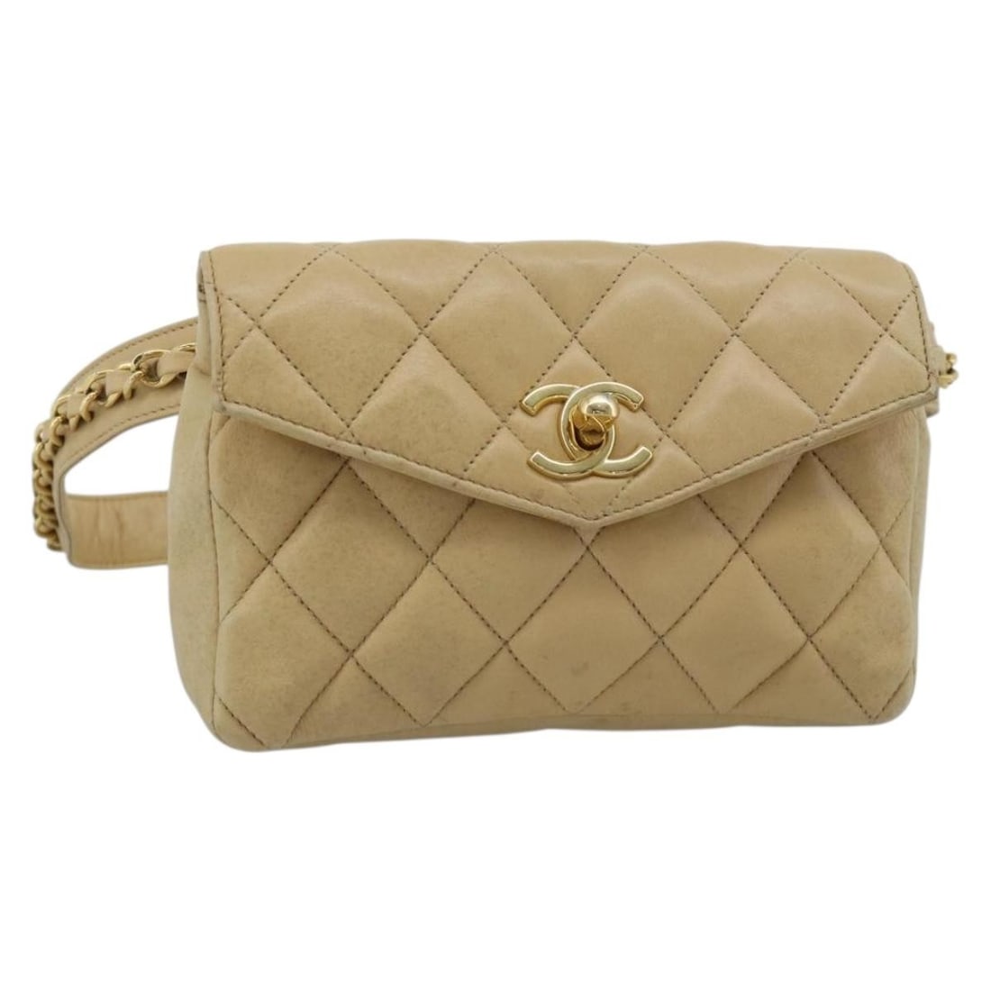 CHANEL CC Matelasse Lambskin Belt Bag Beige Gold: CHANEL CC Matelasse Lambskin Belt Bag Beige Gold CHANEL waist bag in beige and gold lamb skin, made in Italy. It measures approximately W17 cm x H12 cm x D3 cm, with an approximate shoulder length of 