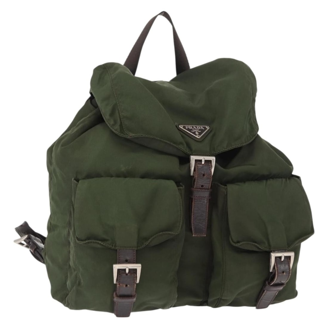 Prada khaki silver nylon backpack Italy 11.4inch: Prada khaki silver nylon backpack Italy 11.4inch This PRADA women's backpack is crafted from durable khaki nylon with silver-tone accents. Made in Italy, it features a spacious main compartment and pr