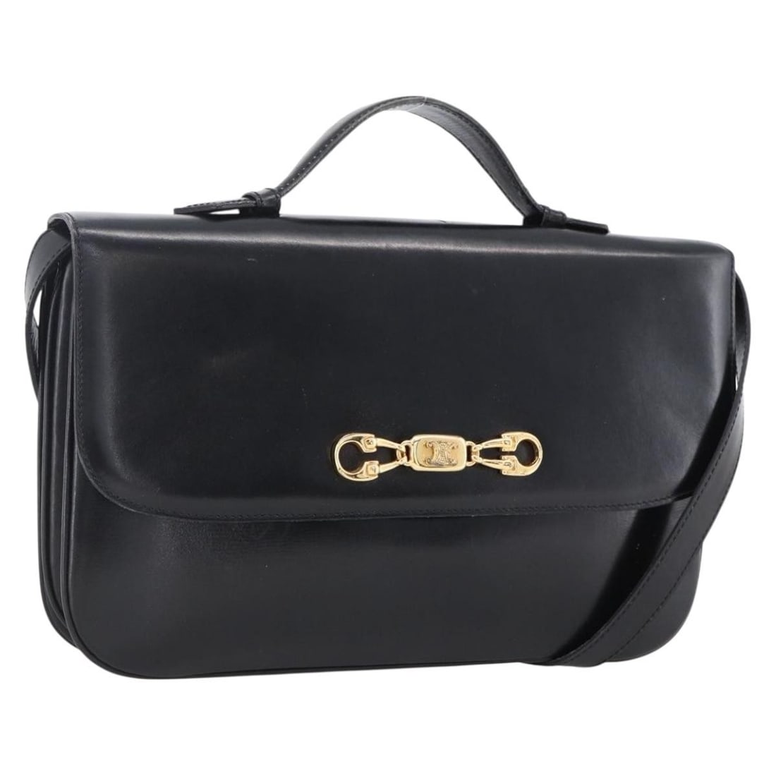 CELINE Horsebit Leather Shoulder Bag Black and Gold Italy: CELINE Horsebit Leather Shoulder Bag Black and Gold Italy CELINE shoulder bag in black leather with gold-tone exterior details. Made in Italy, this women's bag measures approximately 28 cm wide, 16 cm