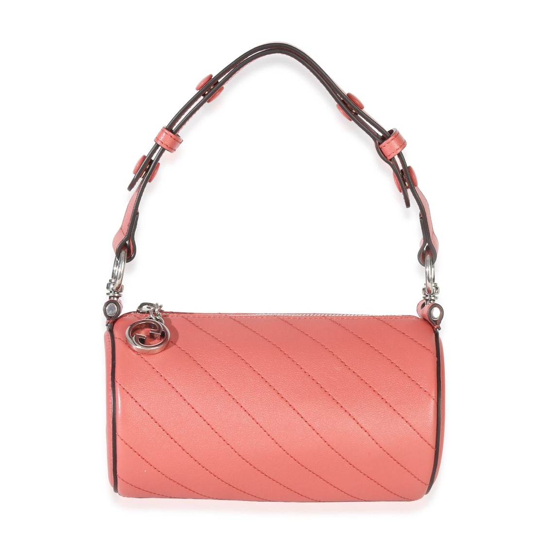 Mini Blondie Barrel Top Handle Bag Pink Quilted Calfskin by Gucci: Mini Blondie Barrel Top Handle Bag Pink Quilted Calfskin by Gucci This Gucci Mini Blondie Barrel Bag features pink diagonal quilted calfskin leather with silver-tone hardware. The compact design inclu