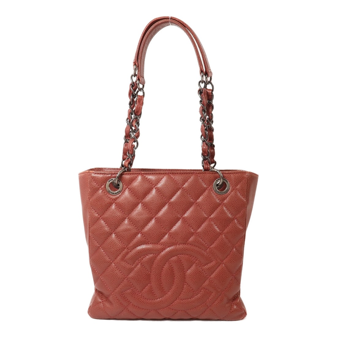 CHANEL PST Petite Shopping Tote Shoulder Bag Red Calfskin CC SHW: CHANEL PST Petite Shopping Tote Shoulder Bag Red Calfskin CC SHW A CHANEL Petite Shopping Tote bag in red calfskin (cowhide), designed as a shoulder bag with chain shoulder carry. The bag is heavily u