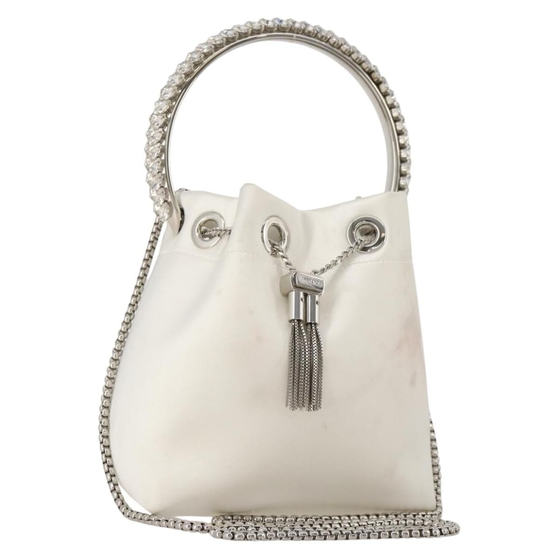 Jimmy Choo Bonbon satin shoulder bag with chain strap white silver: Jimmy Choo Bonbon satin shoulder bag with chain strap white silver Jimmy Choo Bonbon 2-way shoulder bag in white and silver satin. This women's bag includes a shoulder strap and can be carried by the 