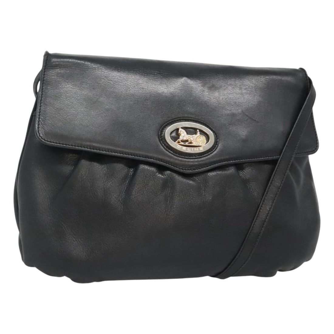 CELINE black leather shoulder bag Italy 12.6 x 7.9 inch: CELINE black leather shoulder bag Italy 12.6 x 7.9 inch This CELINE shoulder bag is crafted from leather in a black and gold color scheme. Designed for women, it features a classic shoulder bag style 