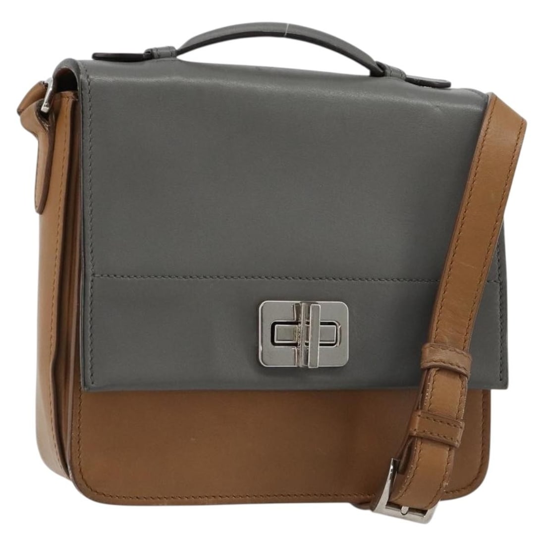 Prada Brown Leather Shoulder Bag Silver Tone Made in Italy: Prada Brown Leather Shoulder Bag Silver Tone Made in Italy Brown and silver PRADA leather shoulder bag made in Italy. It has a shoulder bag style and measures approximately W18 x H16 x D4 cm, with a s