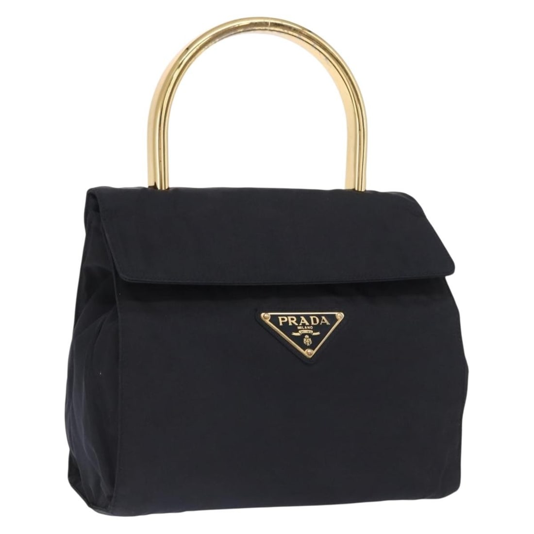 Prada Nylon Handbag Navy with Gold Tone Hardware Made in Italy: Prada Nylon Handbag Navy with Gold Tone Hardware Made in Italy Prada women's nylon handbag in navy with gold-tone accents, made in Italy. This heavily used bag has a compact structured shape and is of