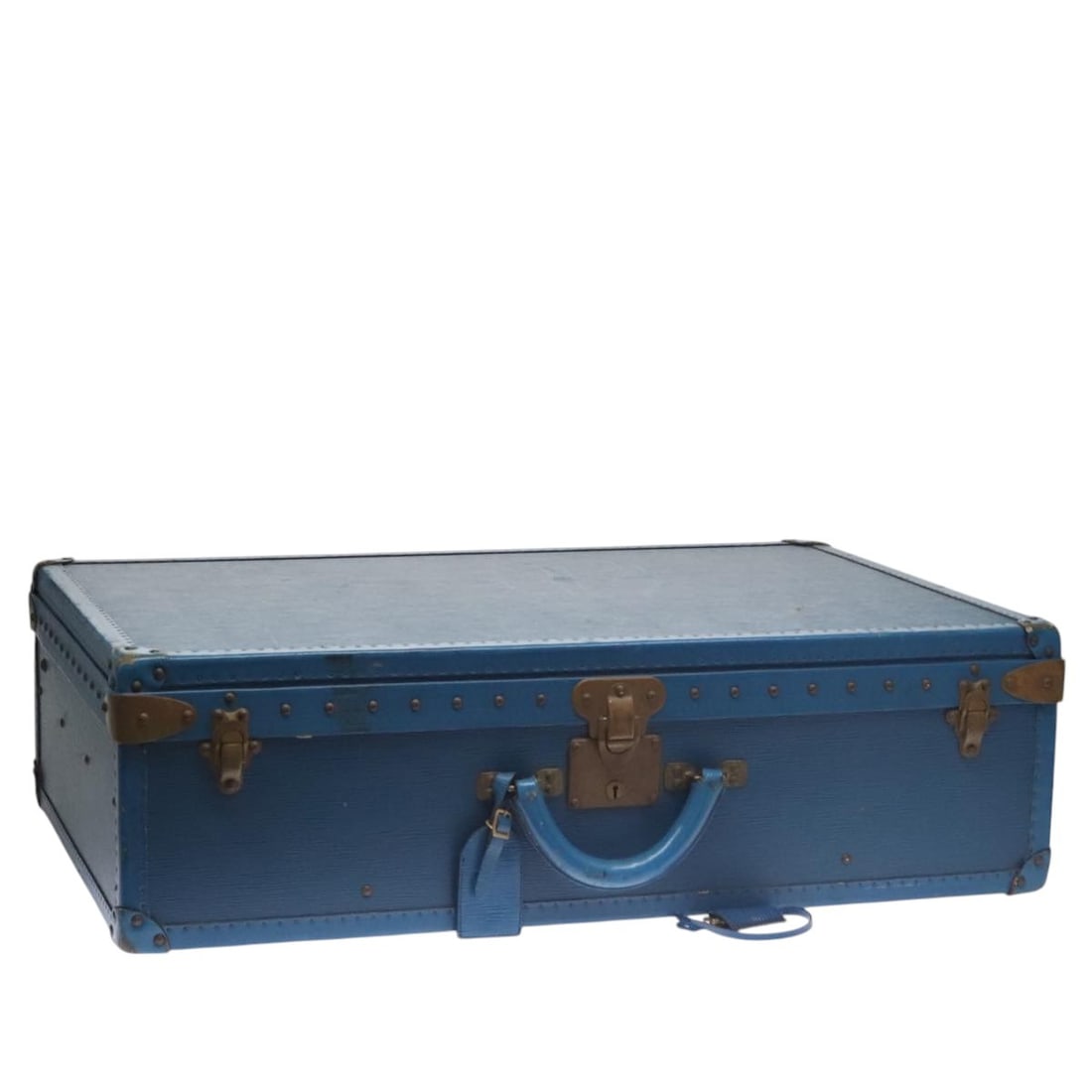 Louis Vuitton Alzer 75 Blue Epi Leather Trunk with Keys: Louis Vuitton Alzer 75 Blue Epi Leather Trunk with Keys A Louis Vuitton Epi leather trunk in blue, made in France. It comes with two keys, a clochette, and a name tag. The piece is described as heavil