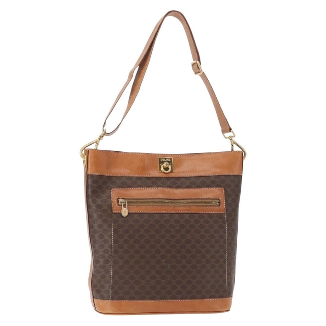 CELINE Macadam Canvas Shoulder Bag Brown Gold PVC Leather Italy: CELINE Macadam Canvas Shoulder Bag Brown Gold PVC Leather Italy This authentic CELINE Macadam Canvas Shoulder Bag is crafted in Italy from durable PVC leather, showcasing a stylish brown and gold colo