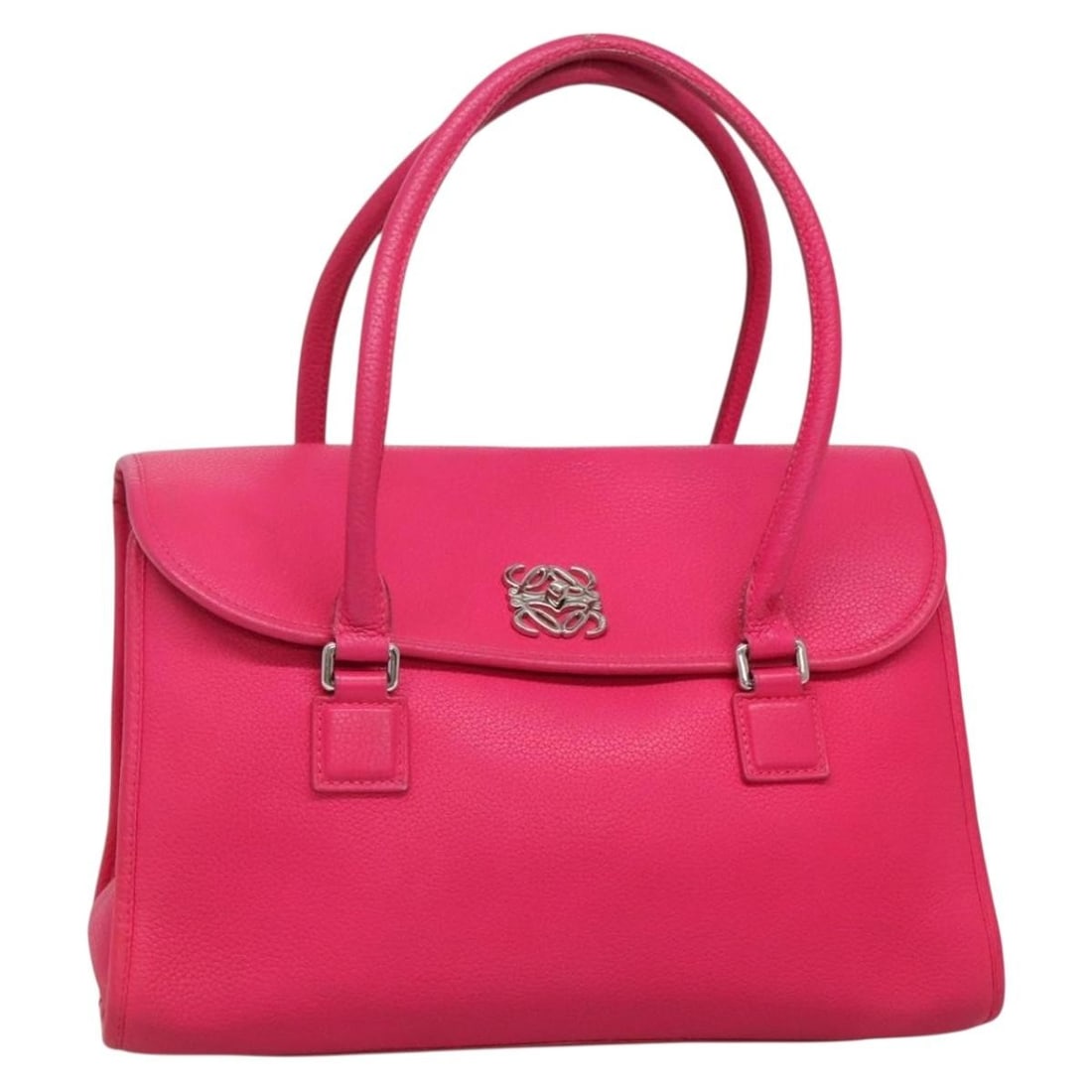 LOEWE Pink Leather Shoulder Bag Silver Tone Made in Spain: LOEWE Pink Leather Shoulder Bag Silver Tone Made in Spain A LOEWE leather shoulder bag in pink and silver, made in Spain. The bag measures approximately 36 cm wide, 22 cm high, and 9 cm deep, with a s