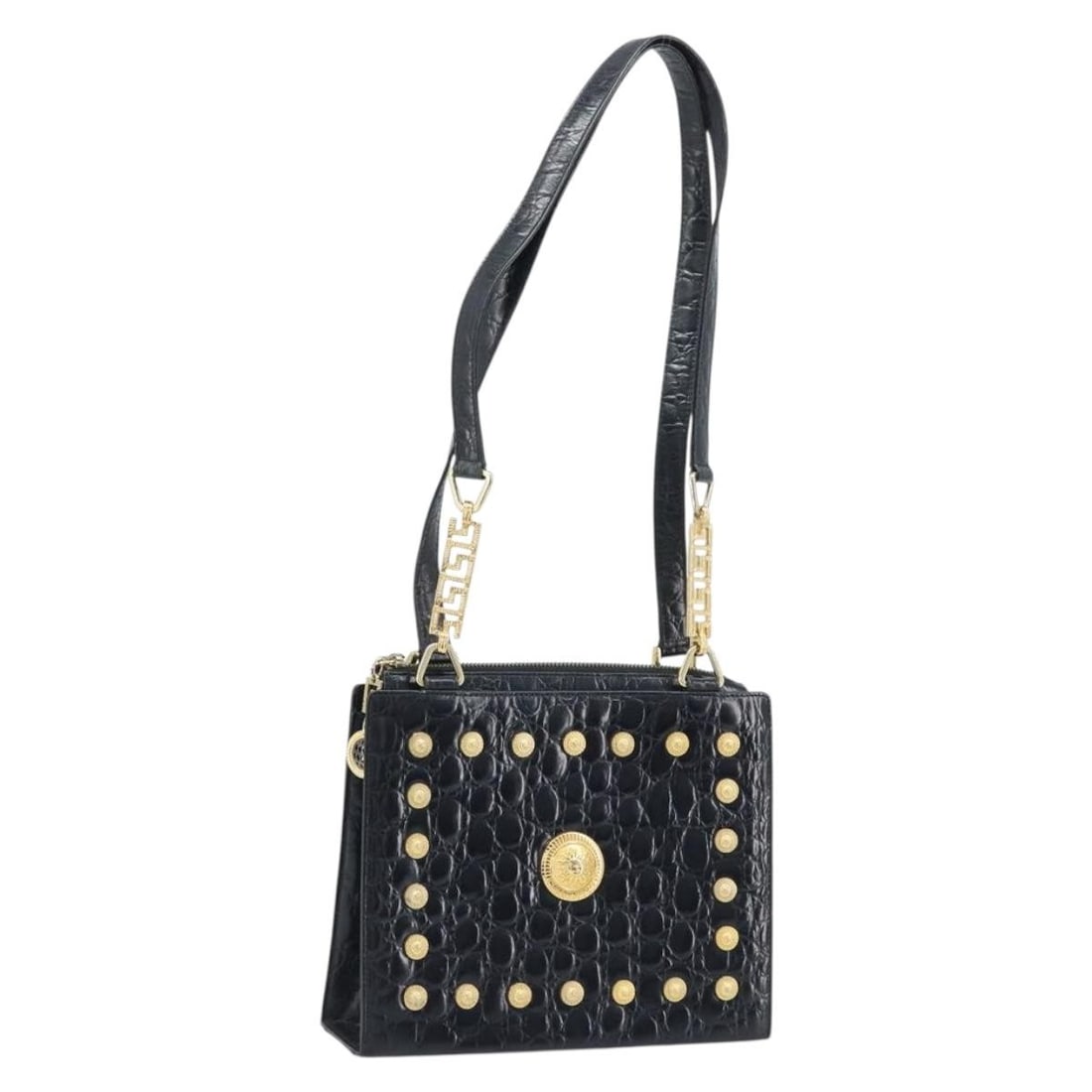 Black Leather Shoulder Bag Gianni Versace Gold Tone Hardware: Black Leather Shoulder Bag Gianni Versace Gold Tone Hardware Gianni Versace shoulder bag in black and gold embossed leather, made in Italy. This women's bag features a shoulder strap with an approxima