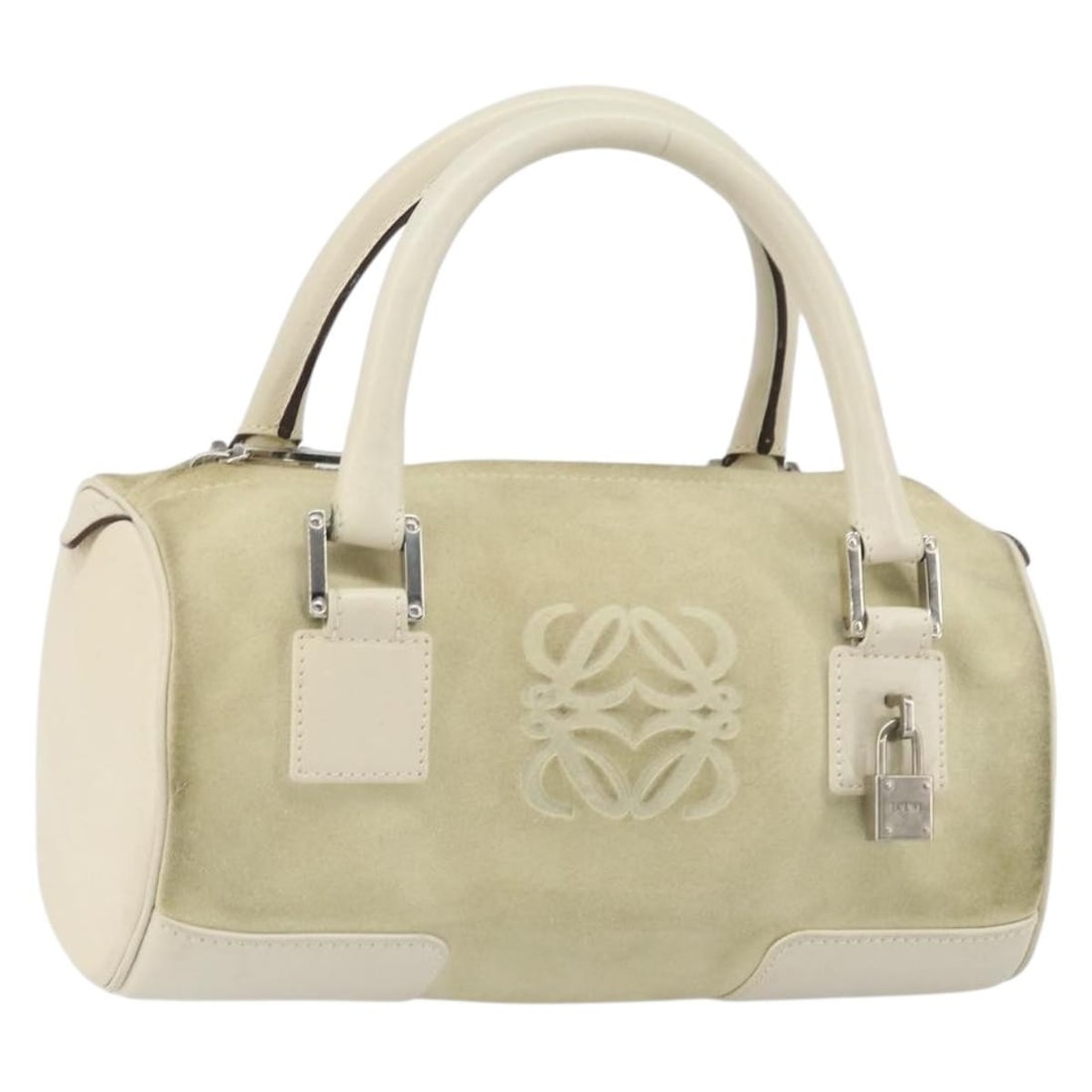 LOEWE Anagram suede beige silver handbag Spain: LOEWE Anagram suede beige silver handbag Spain This LOEWE Anagram hand bag features a beige and silver suede exterior and is designed for women. Made in Spain, the bag offers a compact silhouette with