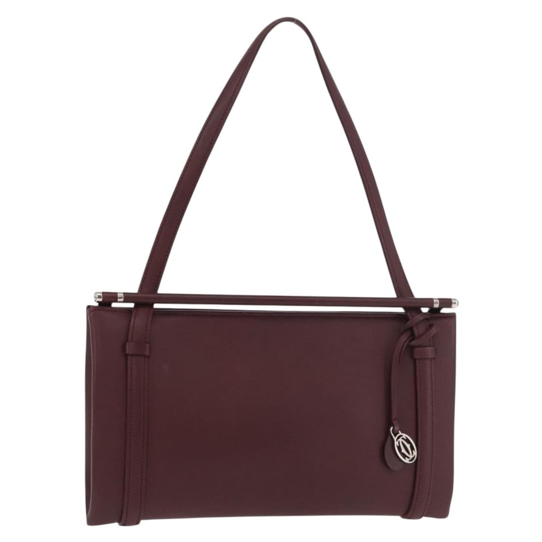Cartier Bordeaux Leather Handbag Silver Tone with Dust Bag Box Card: Cartier Bordeaux Leather Handbag Silver Tone with Dust Bag Box Card Leather handbag in Bordeaux with silver-tone hardware. The bag measures approximately 24 cm wide, 14 cm high, and 3 cm deep, with a 