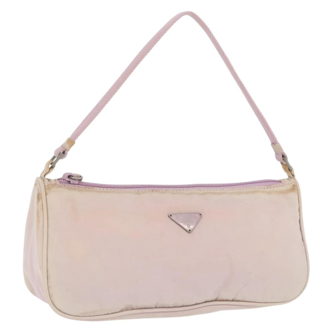Prada pink silver nylon accessory pouch 9.4 x 4.7 x 2.4 inch: Prada pink silver nylon accessory pouch 9.4 x 4.7 x 2.4 inch This PRADA accessory pouch is crafted from pink and silver nylon, offering a stylish and practical option for everyday use. Made in Italy, 